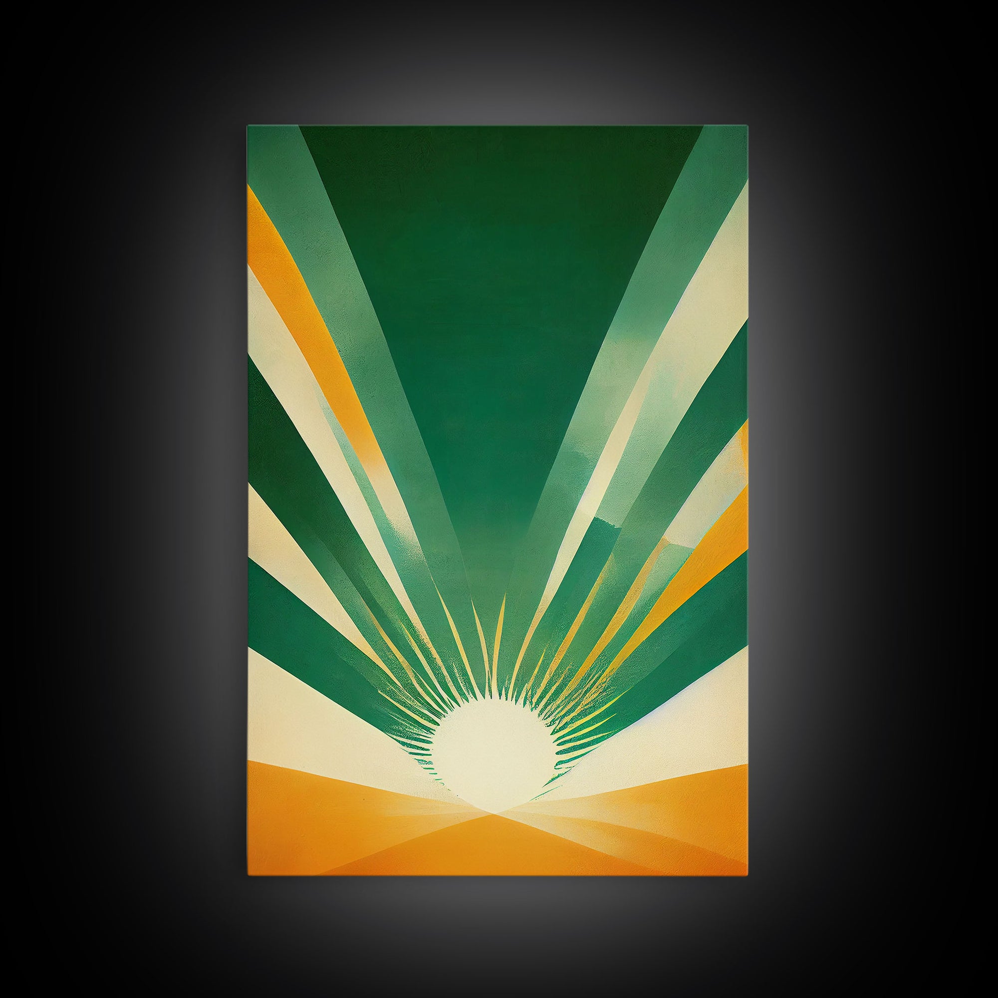 Emerald Green Sun Burst, Art Deco Style, Framed Canvas Print, Ready To Hang Framed Wall Art, Living Room Wall Hanging