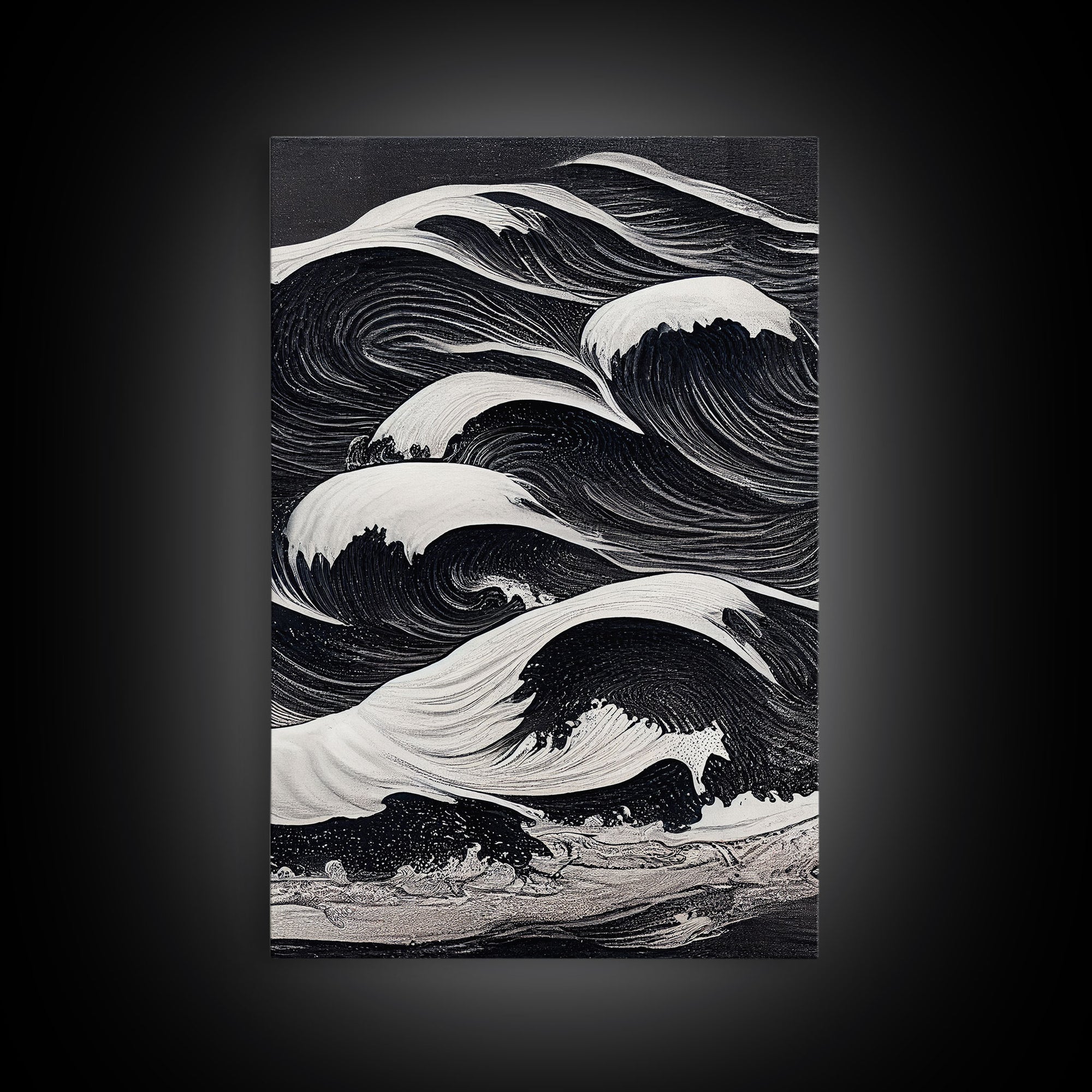 Black and White Tidal Waves, Japanese Style Art, Framed Canvas Print, Ready To Hang Framed Wall Art, Living Room Wall Decor