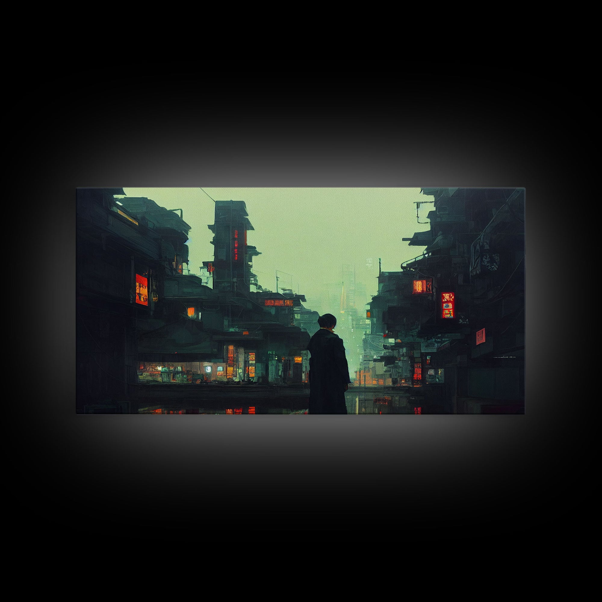 Japanese Style Cyberpunk City, Futuristic Cyberpunk Art, Framed Canvas Print, Ready To Hang Wall Art, Framed Wall Art, Hard Boiled