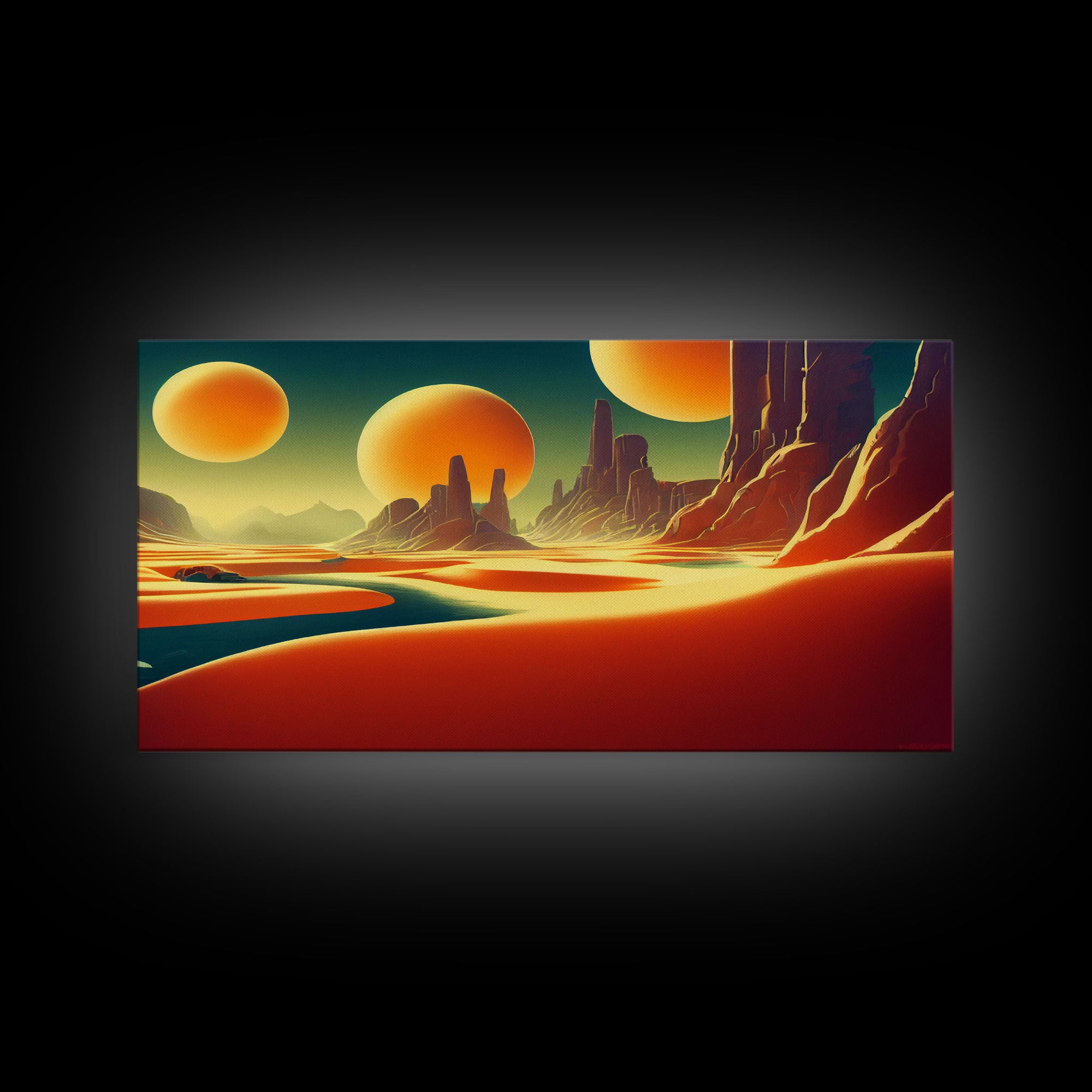 Trippy Art Deco Scifi Painting of an Alien World,  Wall Decor, Ready To Hang Framed Canvas Print, Oversize Wall Art