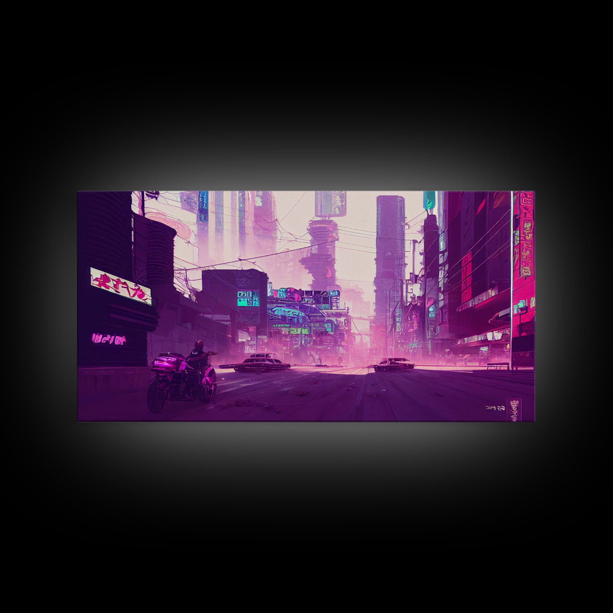 Cyberpunk Watercolor Tokyo Painting, Outrun Vibes Art, Wall Decor, Ready To Hang Framed Canvas Print, Oversize Wall Art