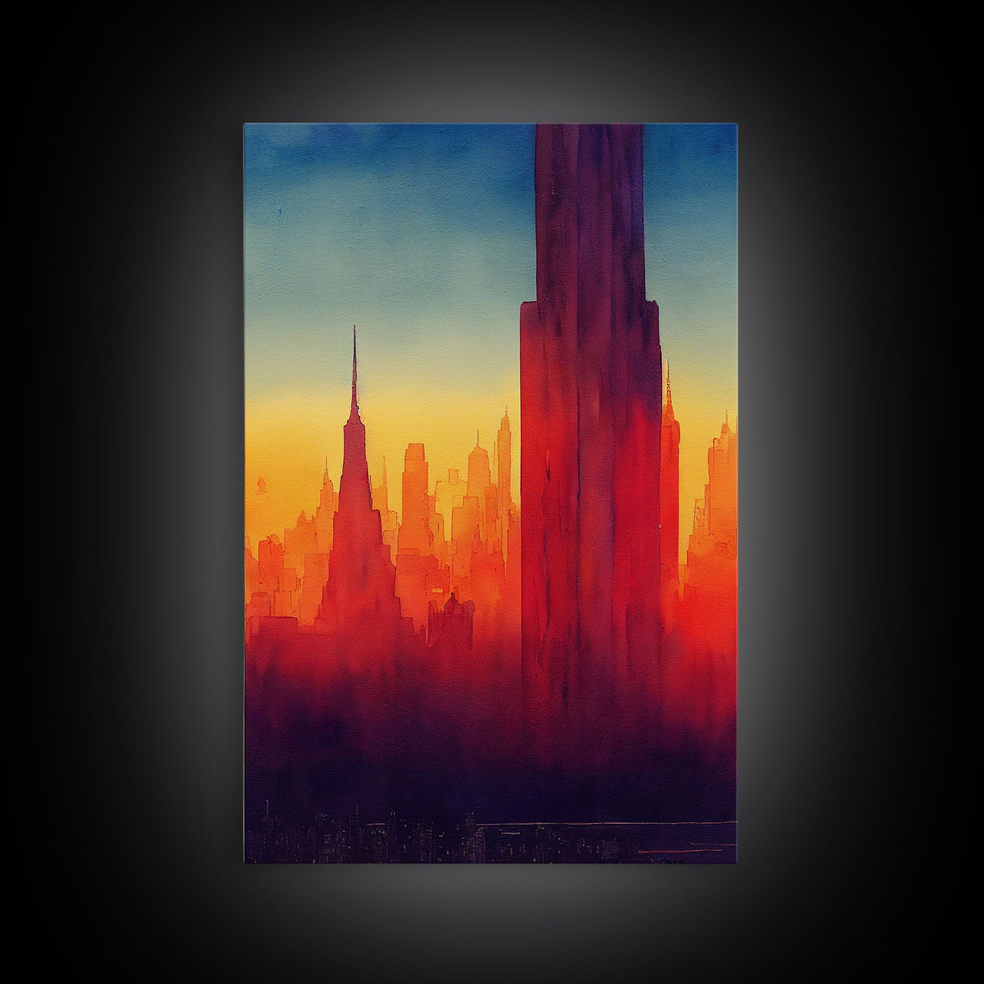 Chicago at sunset concept art, synthwave style, framed canvas print, ready to hang wall art with frame