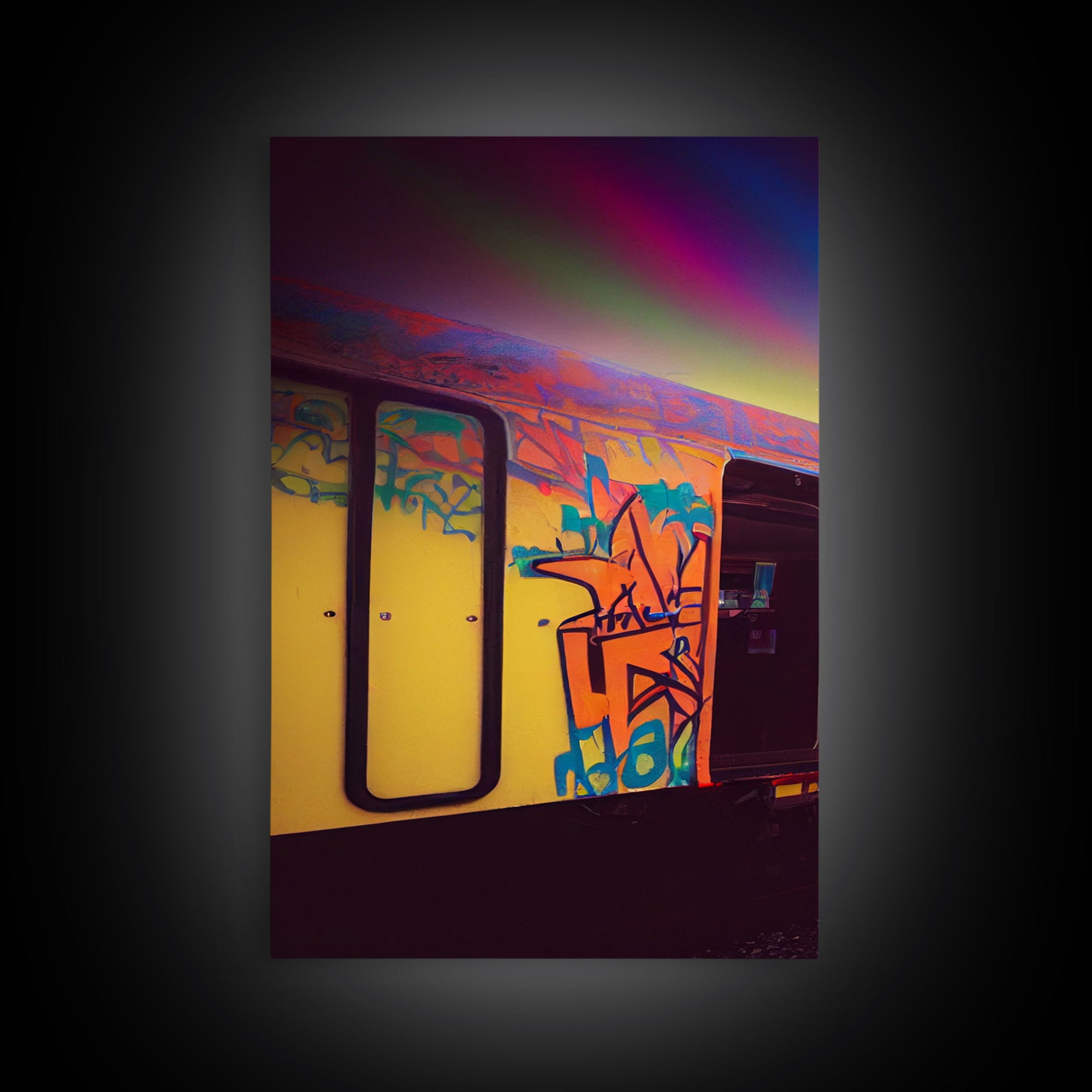 Urban graffiti, graffiti covered train cars, urban art, 3 piece canvas, 3 piece wall art, synthwave dystopian art