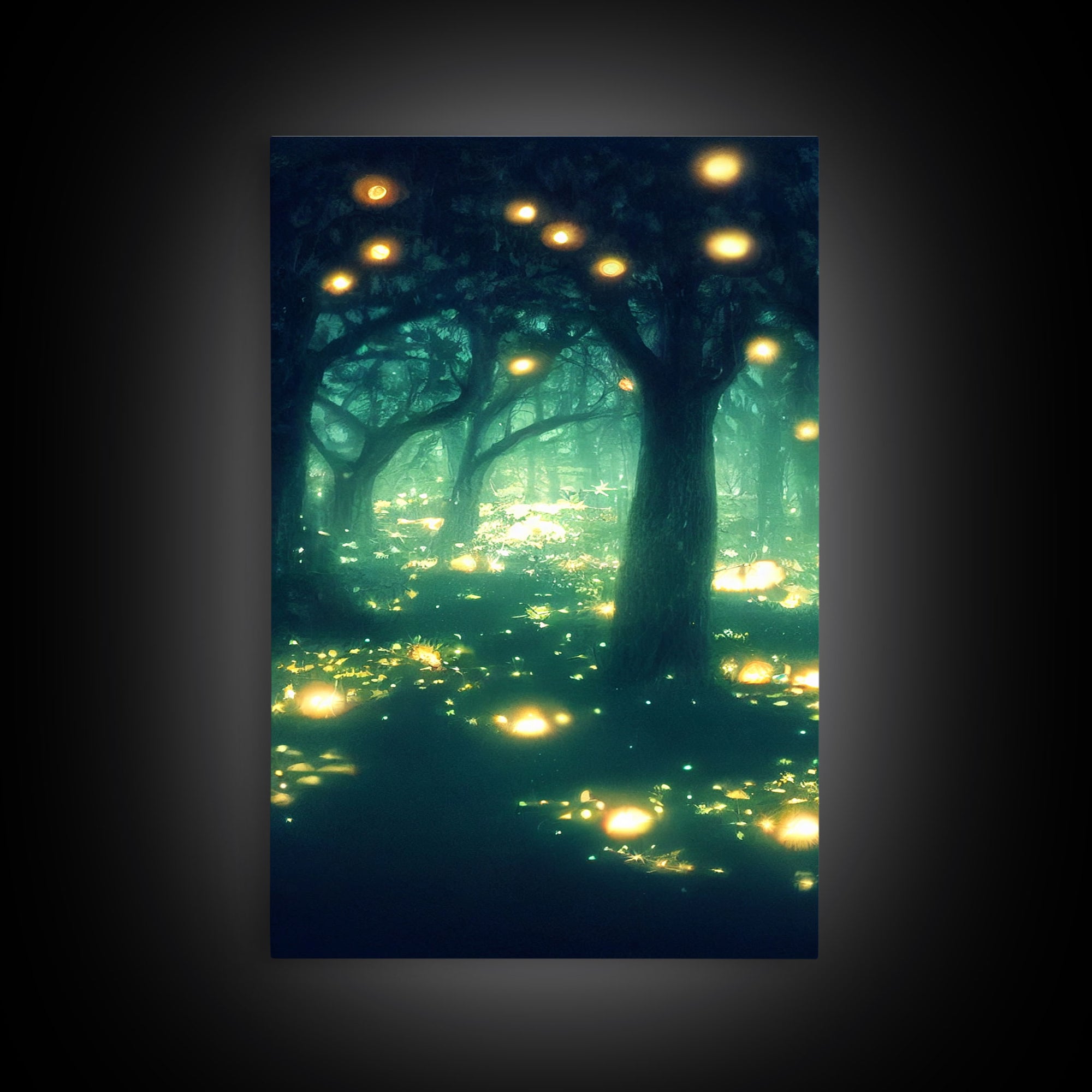 Fantasy forest wall decor, ready to hang 3 piece canvas print, 3 piece wall art, firefly wall art, Fireflies In A Fairy Forest at Night