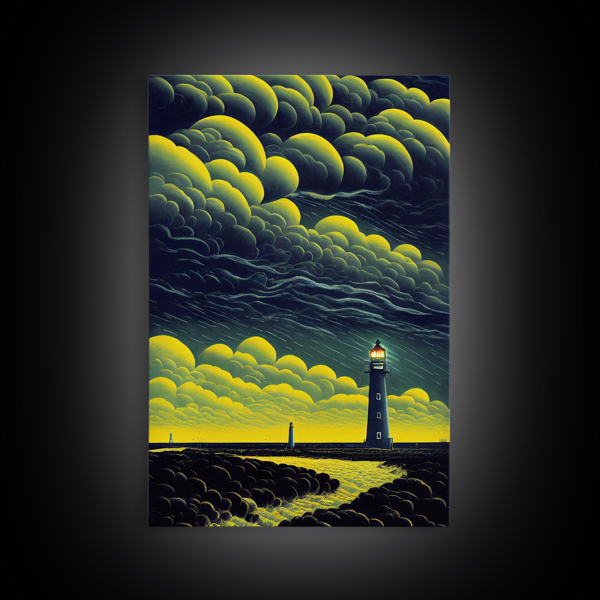 Smoky Sea, Lighthouse Art, Abstract Beach Art, Framed Canvas Print, Ready To Hang Framed Wall Art