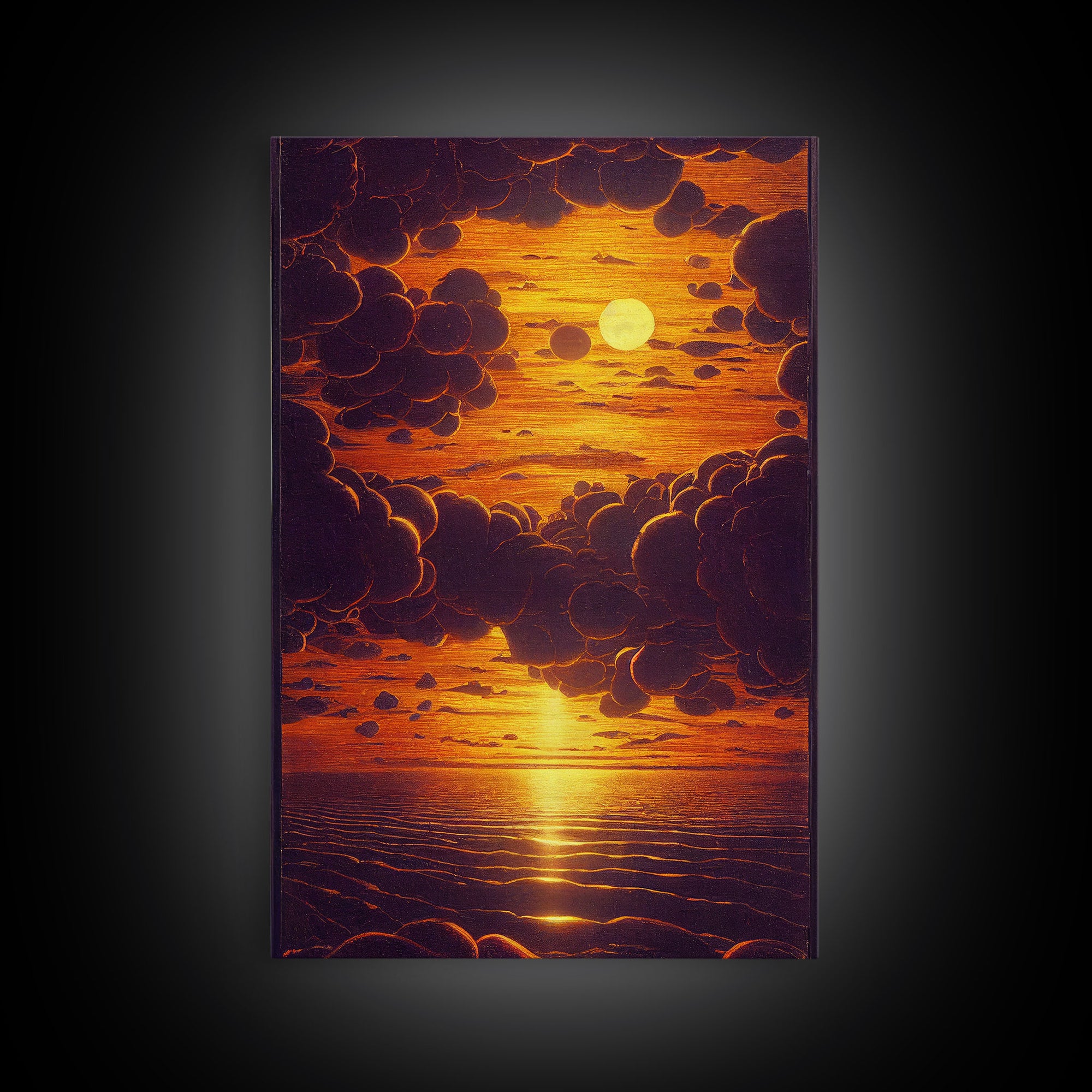 Orange Sunset, Psychedelic Sepia Sunset Art, Framed Canvas Print, Ready To Hang Framed Wall Art