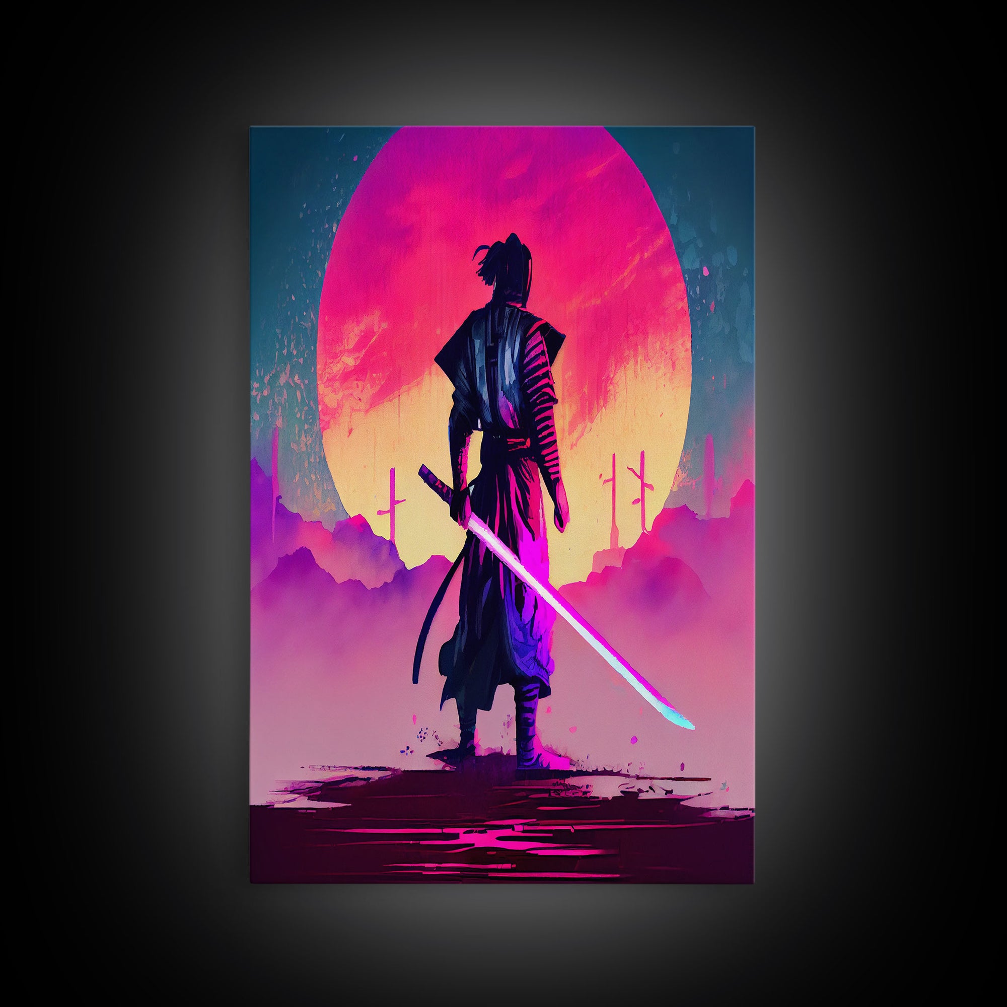 Synthwave Samurai, Cyberpunk Samurai Art, Framed Canvas Print, Ready To Hang Framed Wall Art