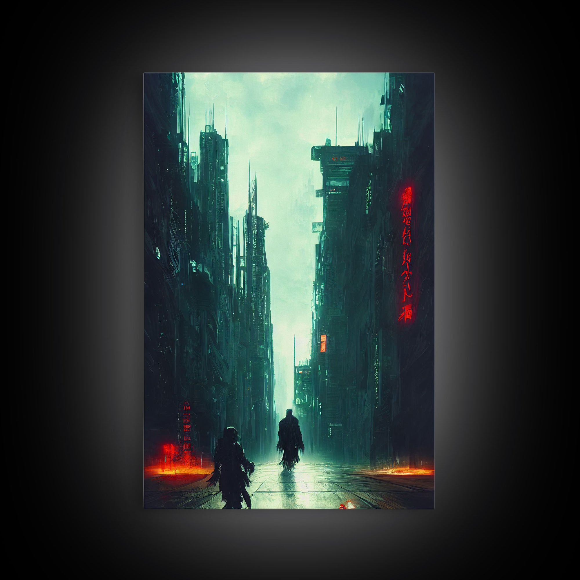 Cyberpunk Demon Art, Demon in the streets of Tokyo, Framed Canvas Print, Ready To Hang Framed Wall Art