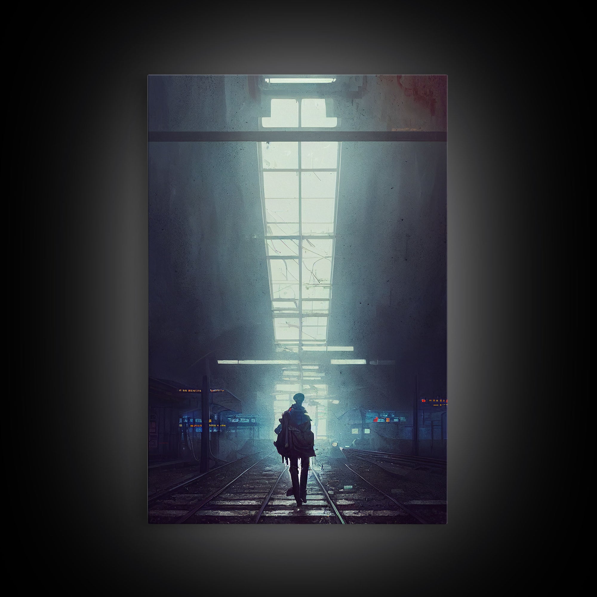 Cyberpunk Android In An Abandoned City, Dystopian Post Apocalyptic Art, Framed Canvas Print, Ready To Hang Framed Wall Art, Living Room