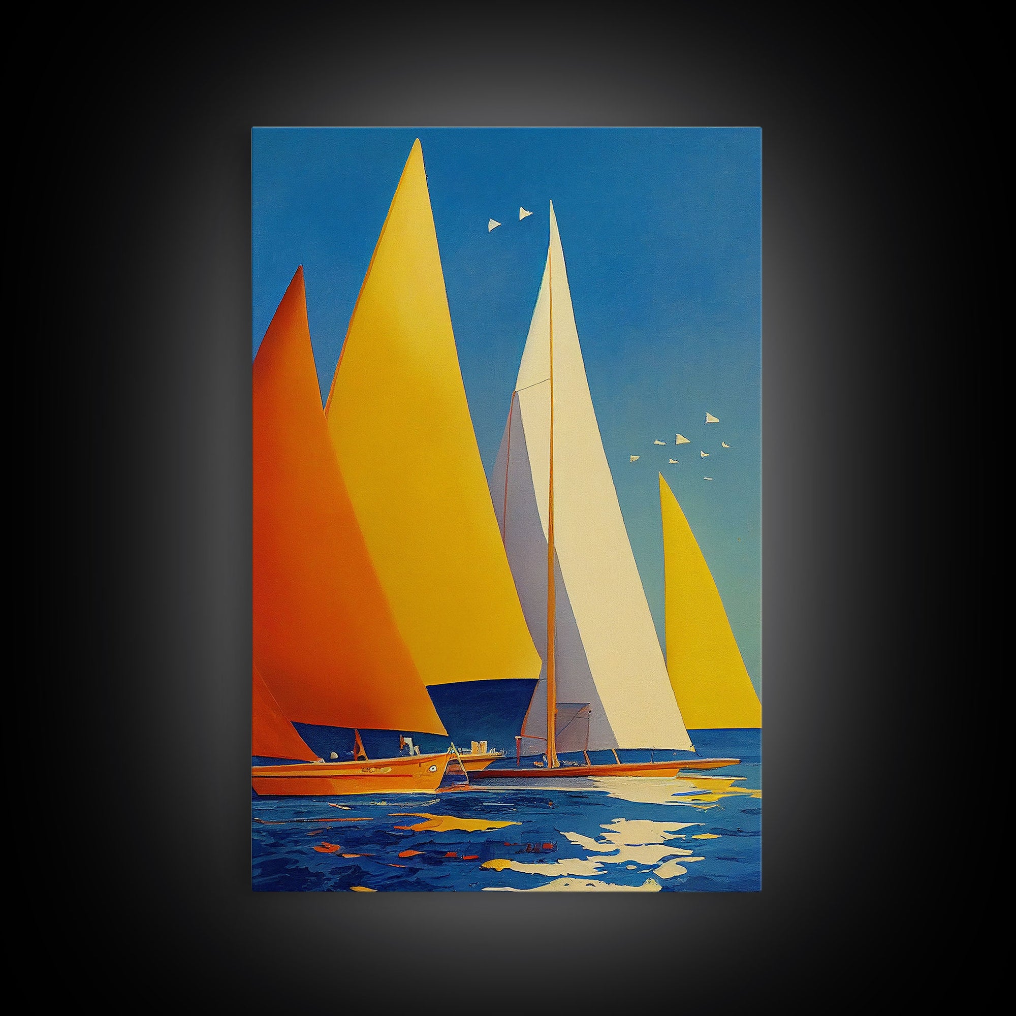 Golden Art Deco Sailboats in the Sun, Lakehouse Decor, Framed Canvas Print, Ready To Hang Framed Wall Art, Living Room Decor