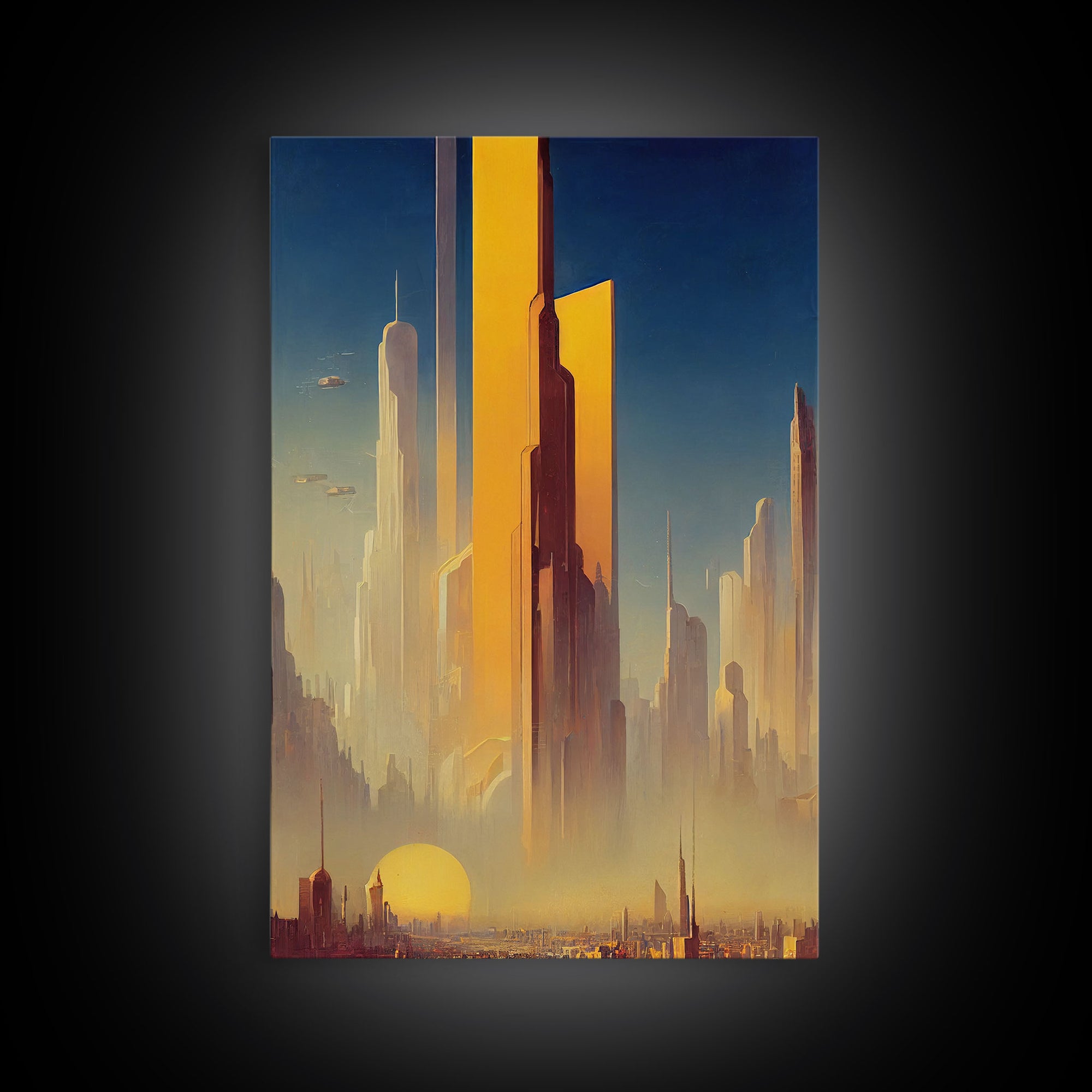 Huge Cyberpunk Desert Metropolis, Video game concept art, Framed Canvas Print, Ready To Hang Framed Wall Art, Living Room Decor