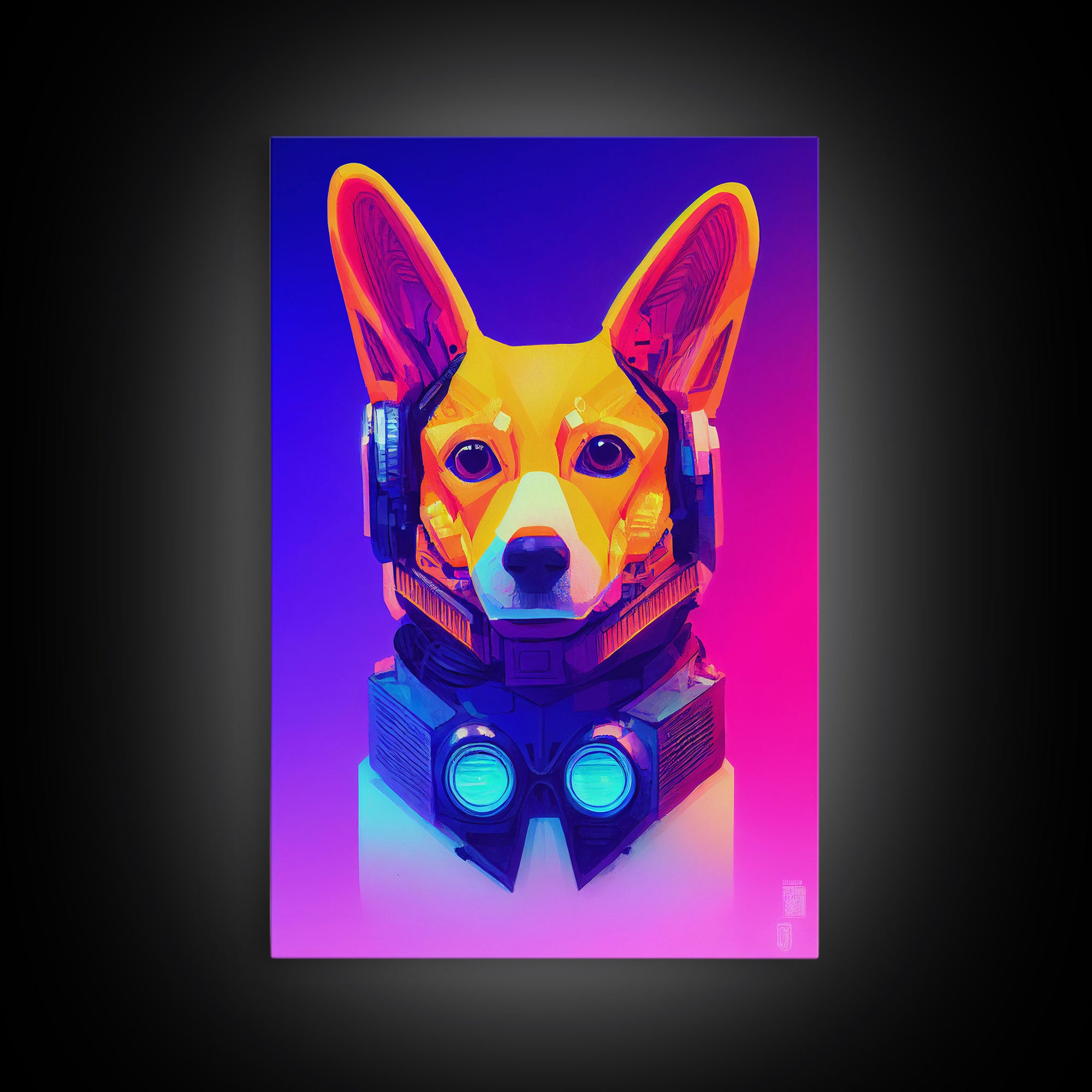 Cyberpunk Corgi Portrait, Futuristic Corgi, Framed Canvas Print, Ready To Hang Framed Wall Art, Living Room Wall Hanging