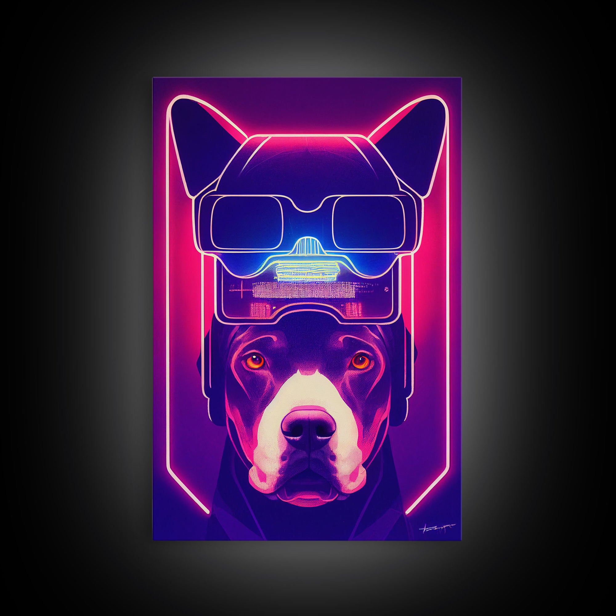 Cyberpunk Pitbull Portrait, Futuristic Dog Portrait, Framed Canvas Print, Ready To Hang Framed Wall Art, Living Room Wall Hanging