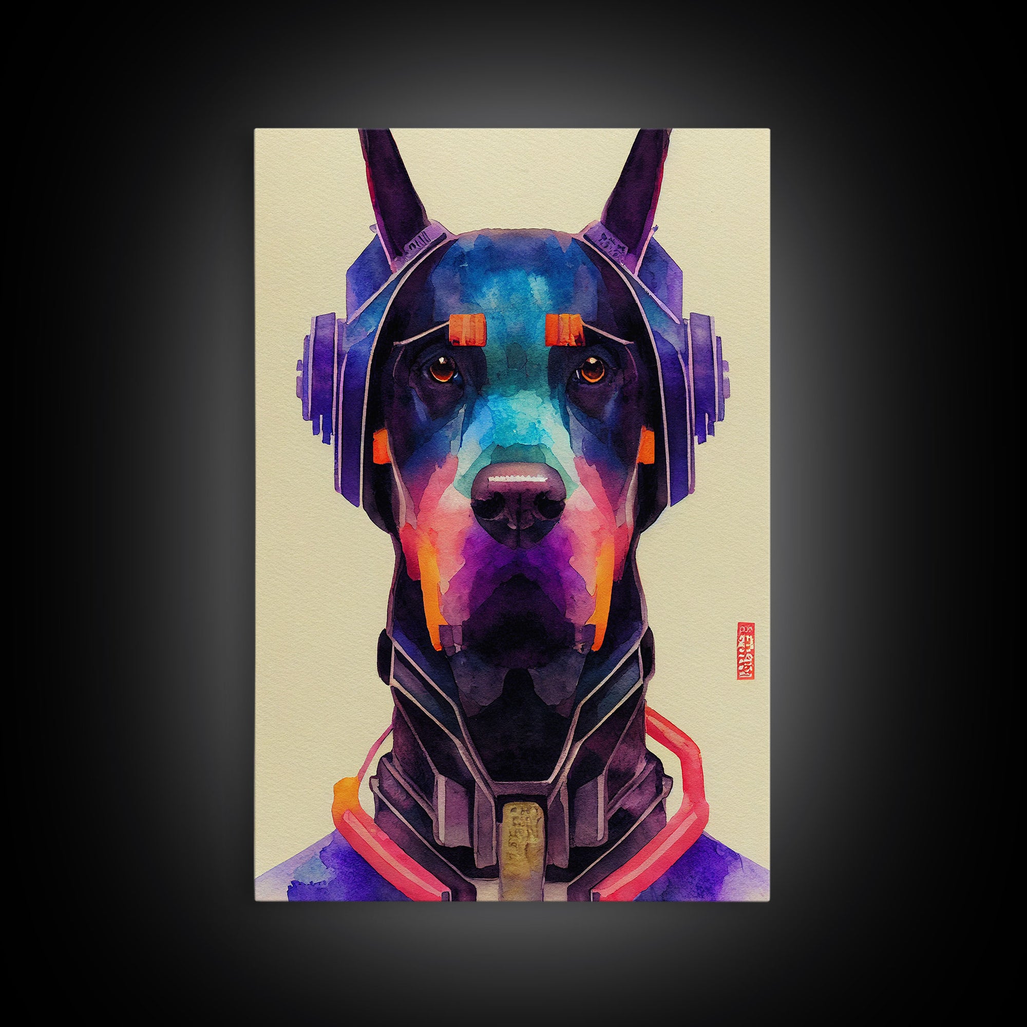 Cyberpunk Dobermann Pinscher Portrait, Watercolor, Framed Canvas Print, Ready To Hang Framed Wall Art, Living Room Wall Hanging