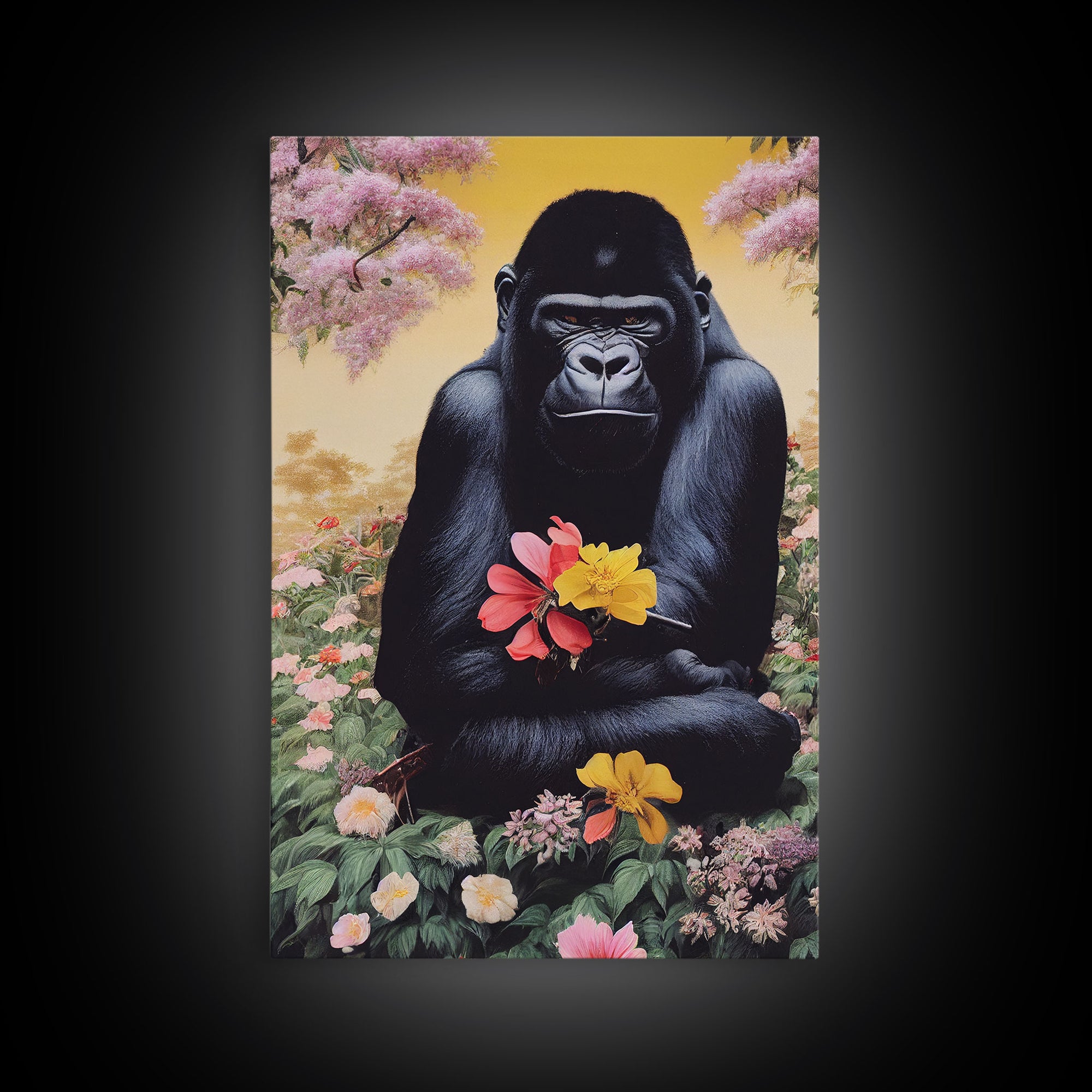 Portrait of a happy gorilla holding flowers, Framed Canvas Print, Ready To Hang Framed Wall Art