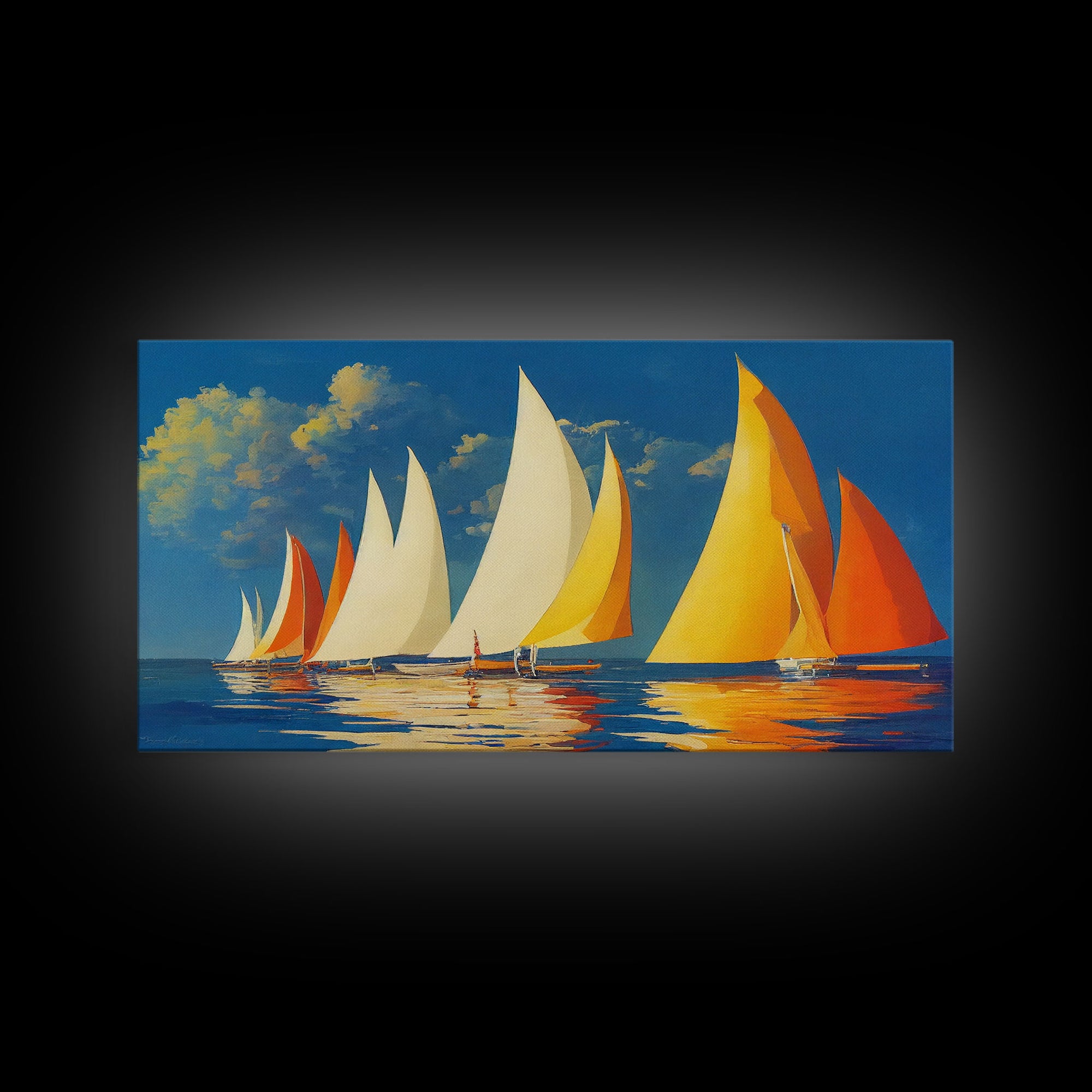 Art Deco Sailboats, Sailing Art, Sailing on the open sea, Wall Decor, Ready To Hang Framed Canvas Print, Oversize Wall Art