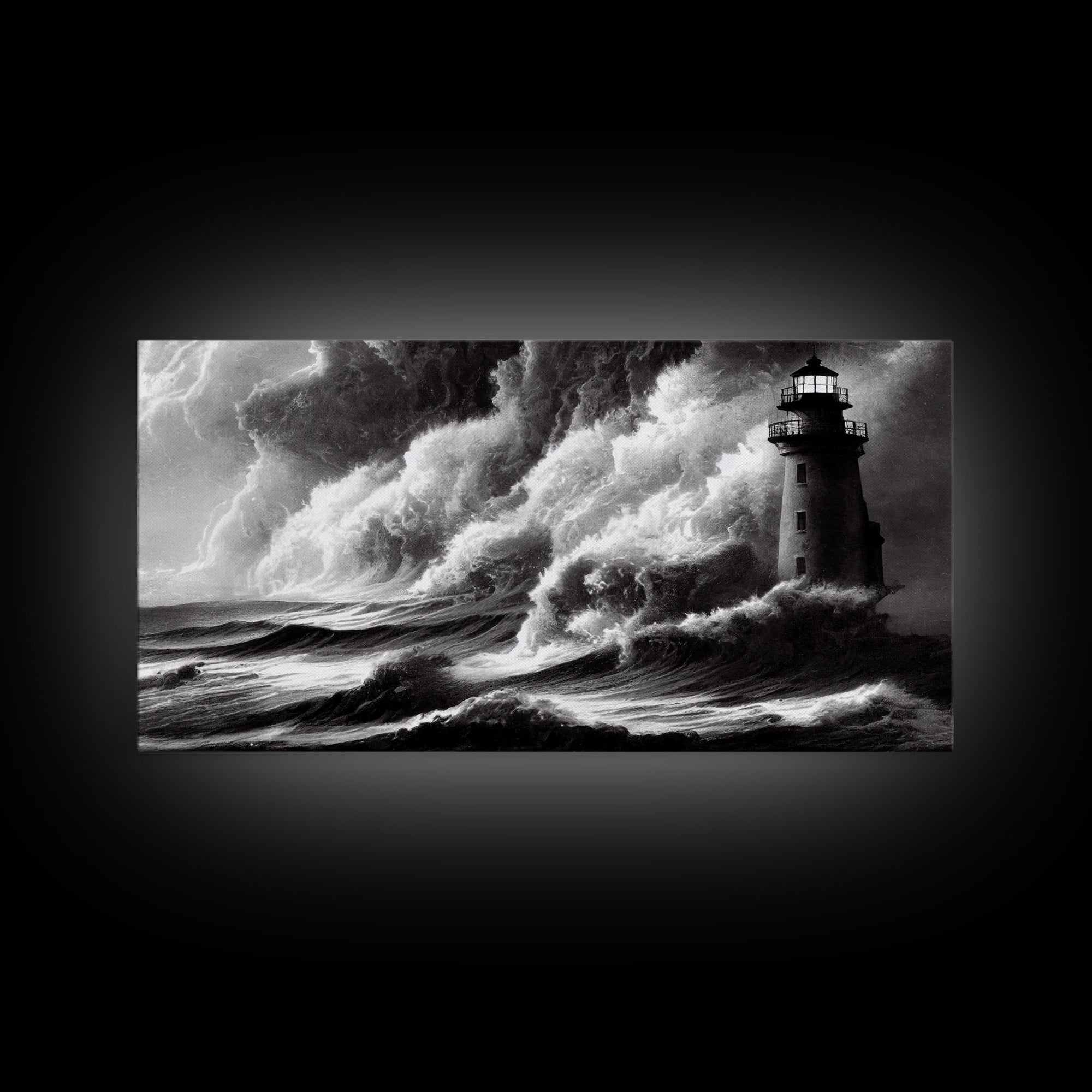 Lighthouse in a storm, black and white, tsunami waves, framed canvas print, ready to hang framed wall art