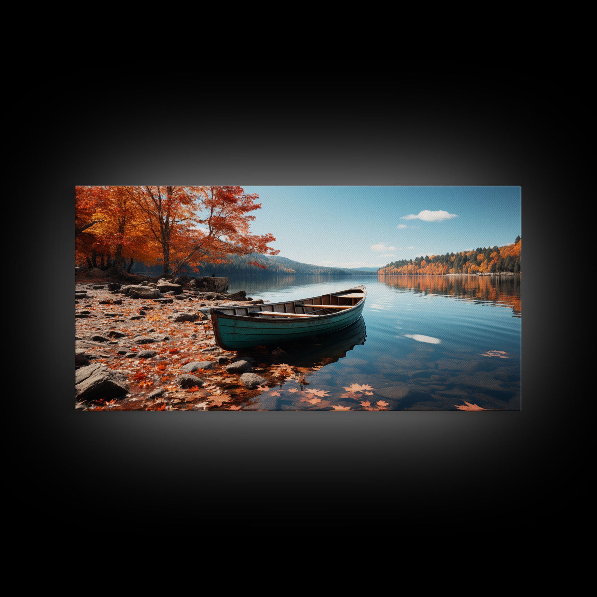 Pacific Northwest Photography Print, Beautiful Lake With Canoe In The Fall, Framed Canvas Print, Photography Decor, Fall Decor