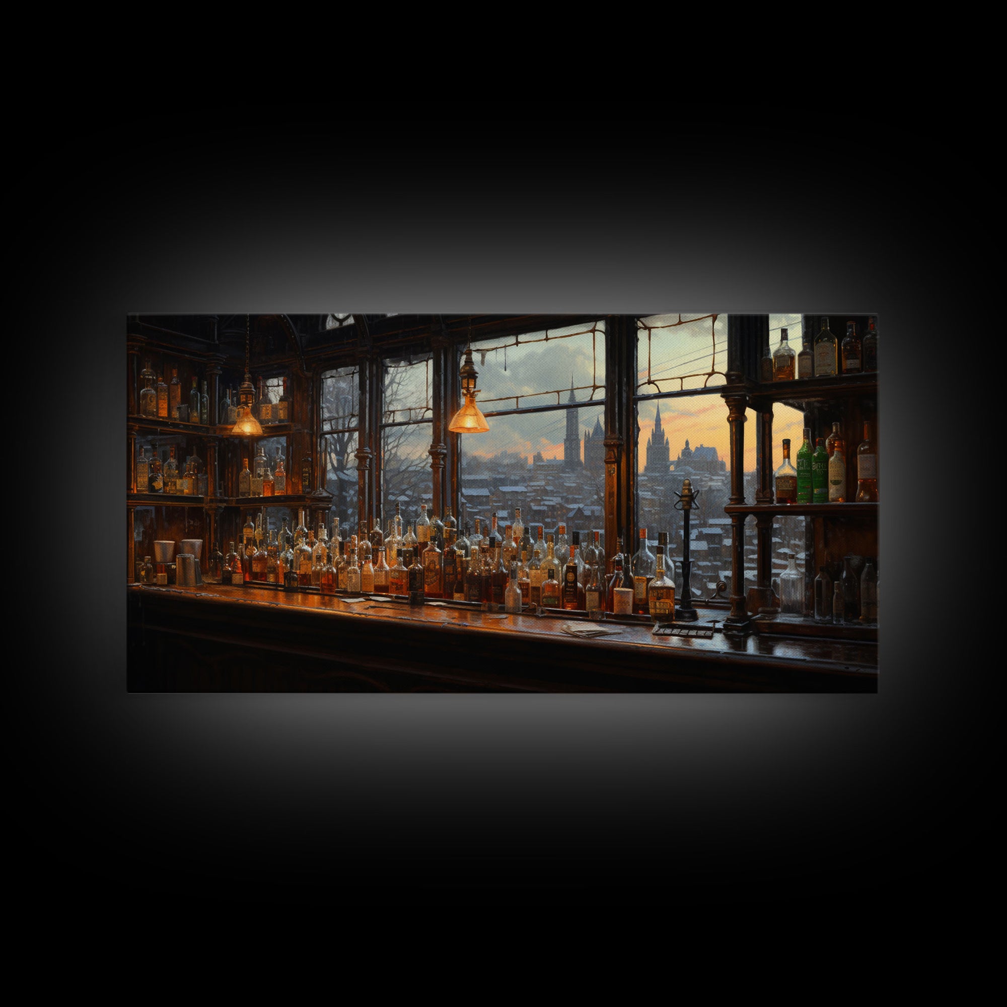 Old Timey Western Bar, Oil Painting Of A Vintage Bar Overlooking The City, Kitchen Art, Kitchen Wall Art, Home Bar Decor, Bar Cart Art