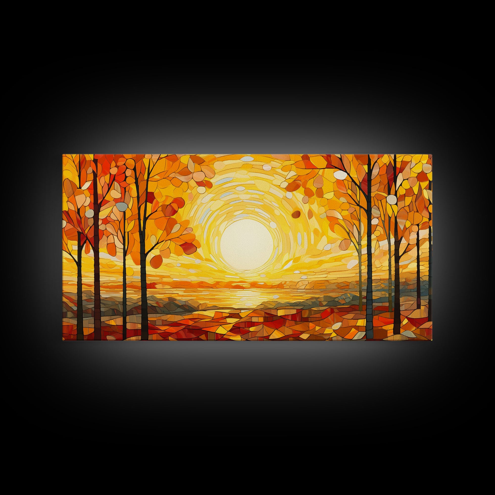 Beautiful Fall Decor Centerpiece Framed Canvas Print, Autumn Decor, Fall Wall Art, Above Mantle Wall Art, Stained Glass Style