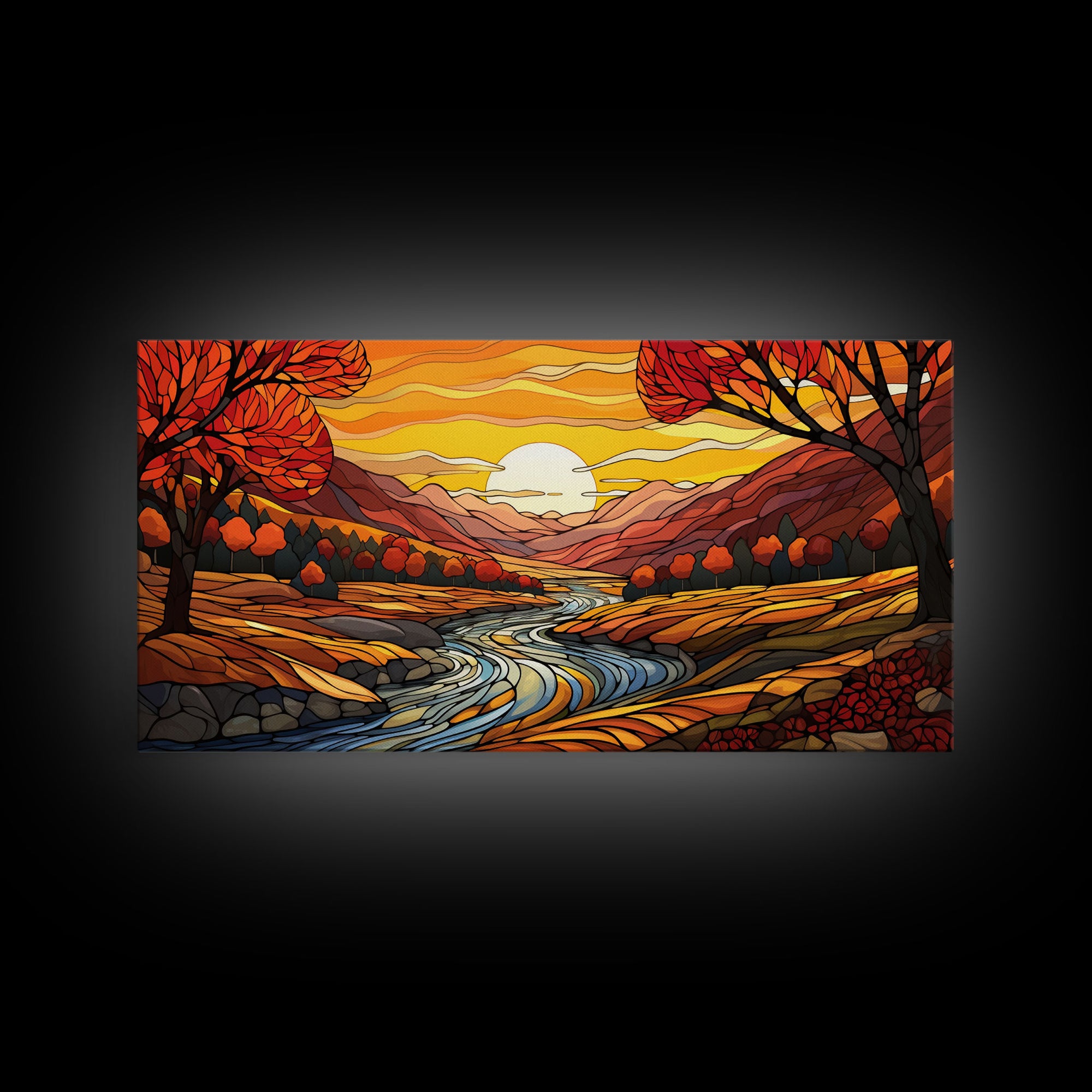 Fall Wall Art, Abstract Wall Print, Sunset Art, River Art, Canvas Print, Wall Hanging, Panoramic Art, Nature Lover Gift, Above Bed Decor