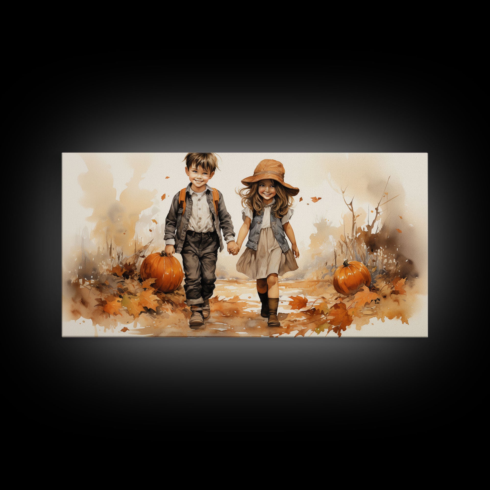 Boy And Girl Holding Hands, Fall Wall Decor, Canvas Print, Wall Hanging, Panoramic Art, Kids Wall Art, Nursery Wall Art, Gifts For Grandma