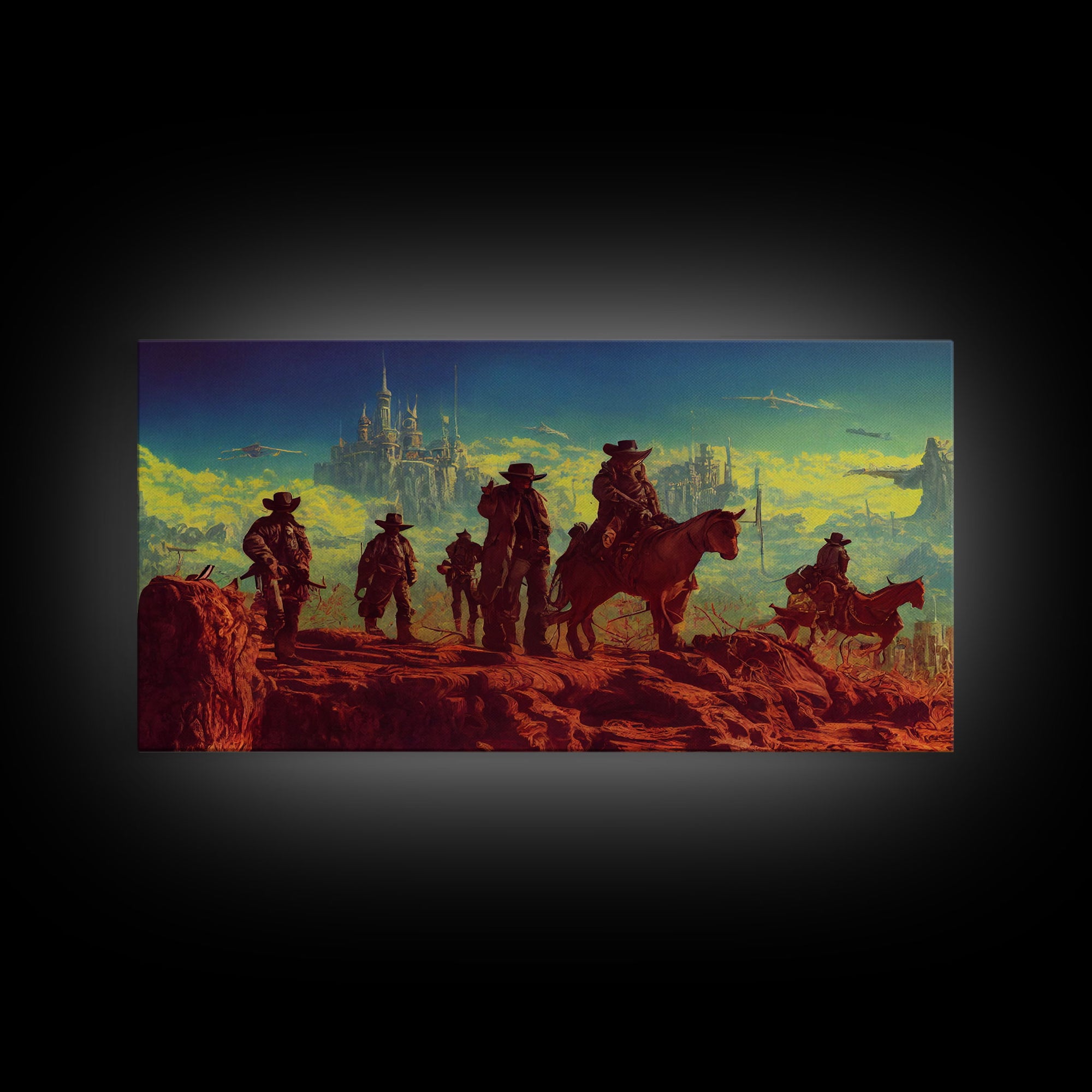 Space Cowboys, Wildwest Scifi Mashup Fantasy Art, framed canvas print, ready to hang framed wall art