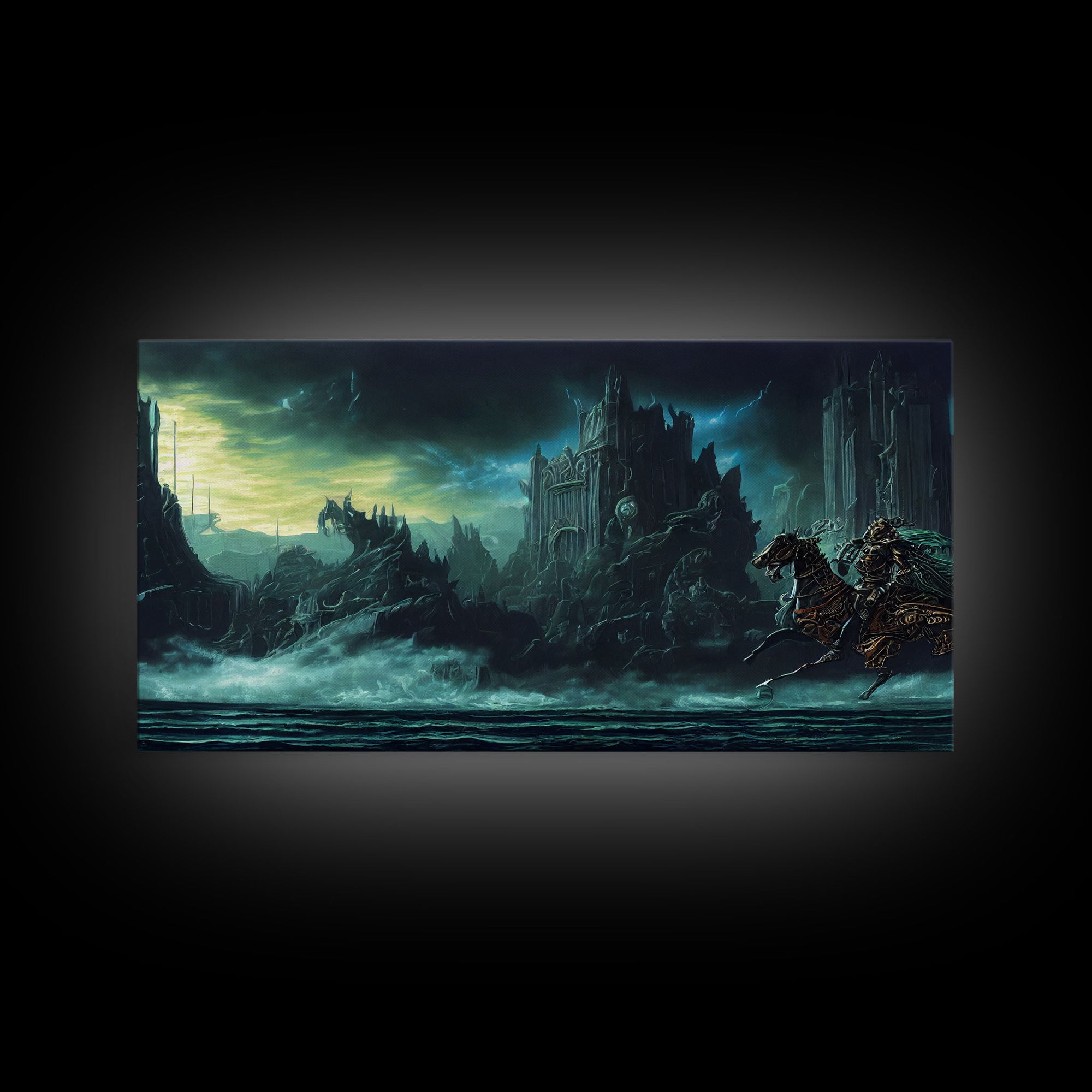 The black knight rides, Cosmic horror scifi art, framed canvas print, ready to hang framed wall art