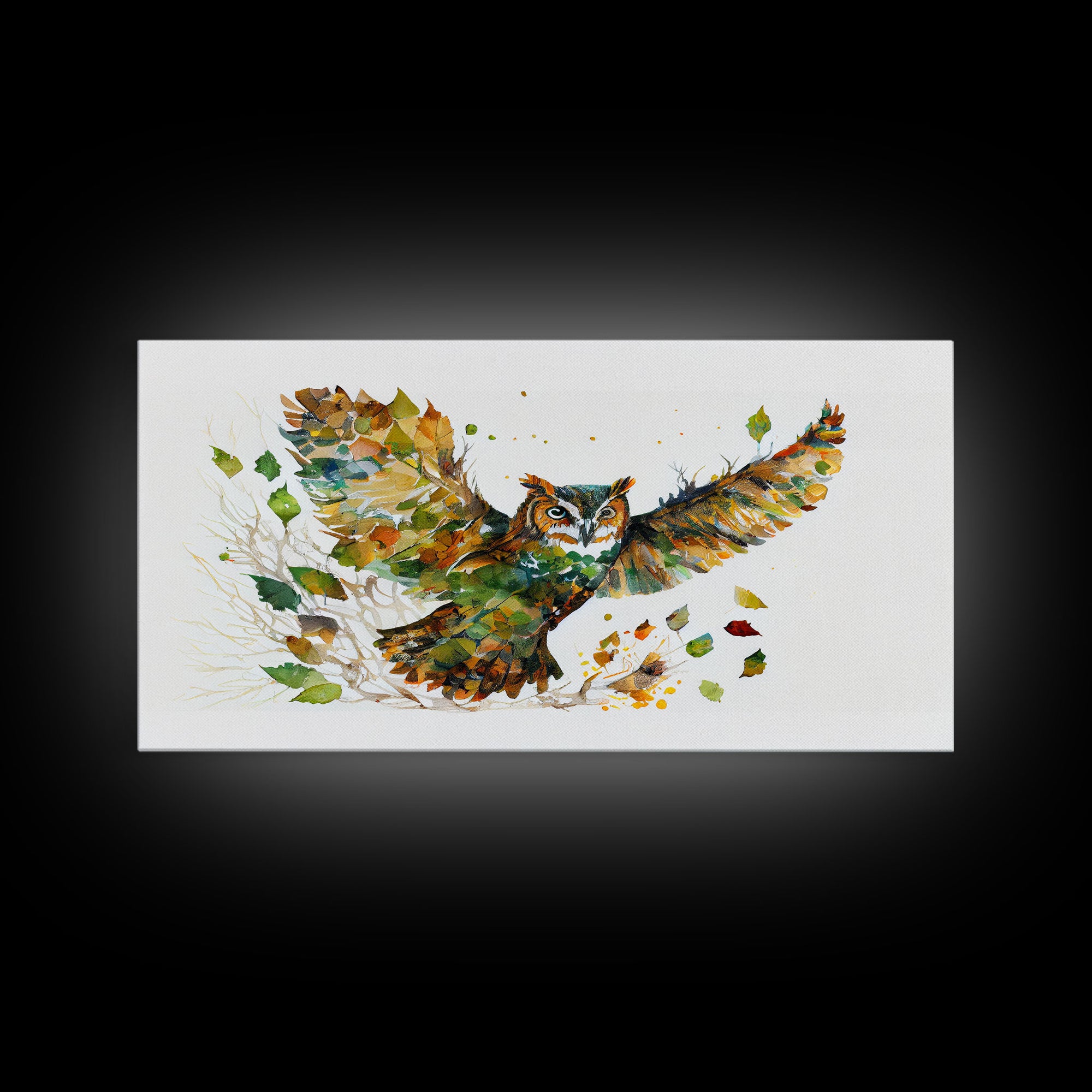 Owl wall art, framed canvas print, owl decor, nature art, owl print, owl painting, owl made of leaves double exposure art