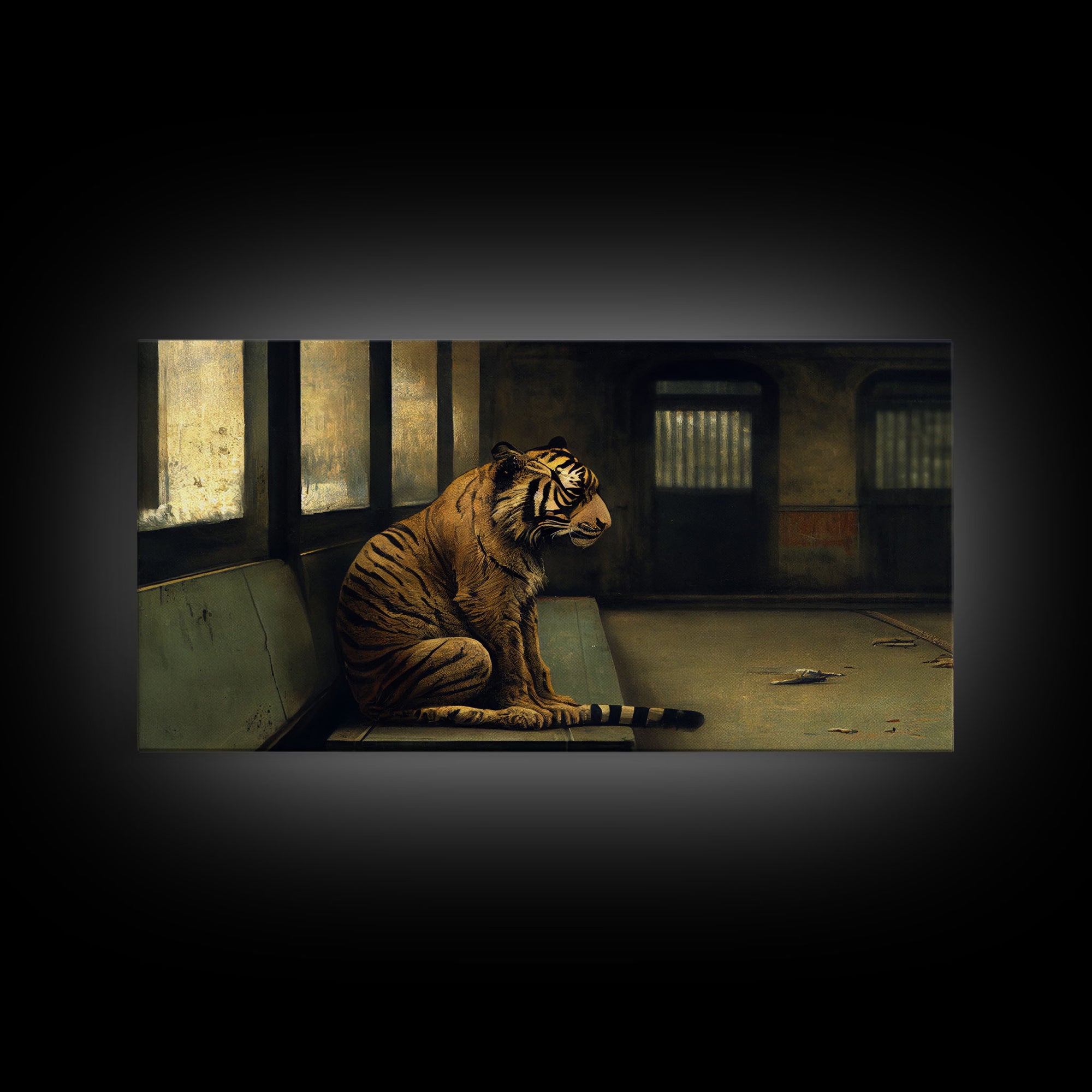 Tiger in a Subway train car, Post-apocalyptic urban decay art, framed canvas print