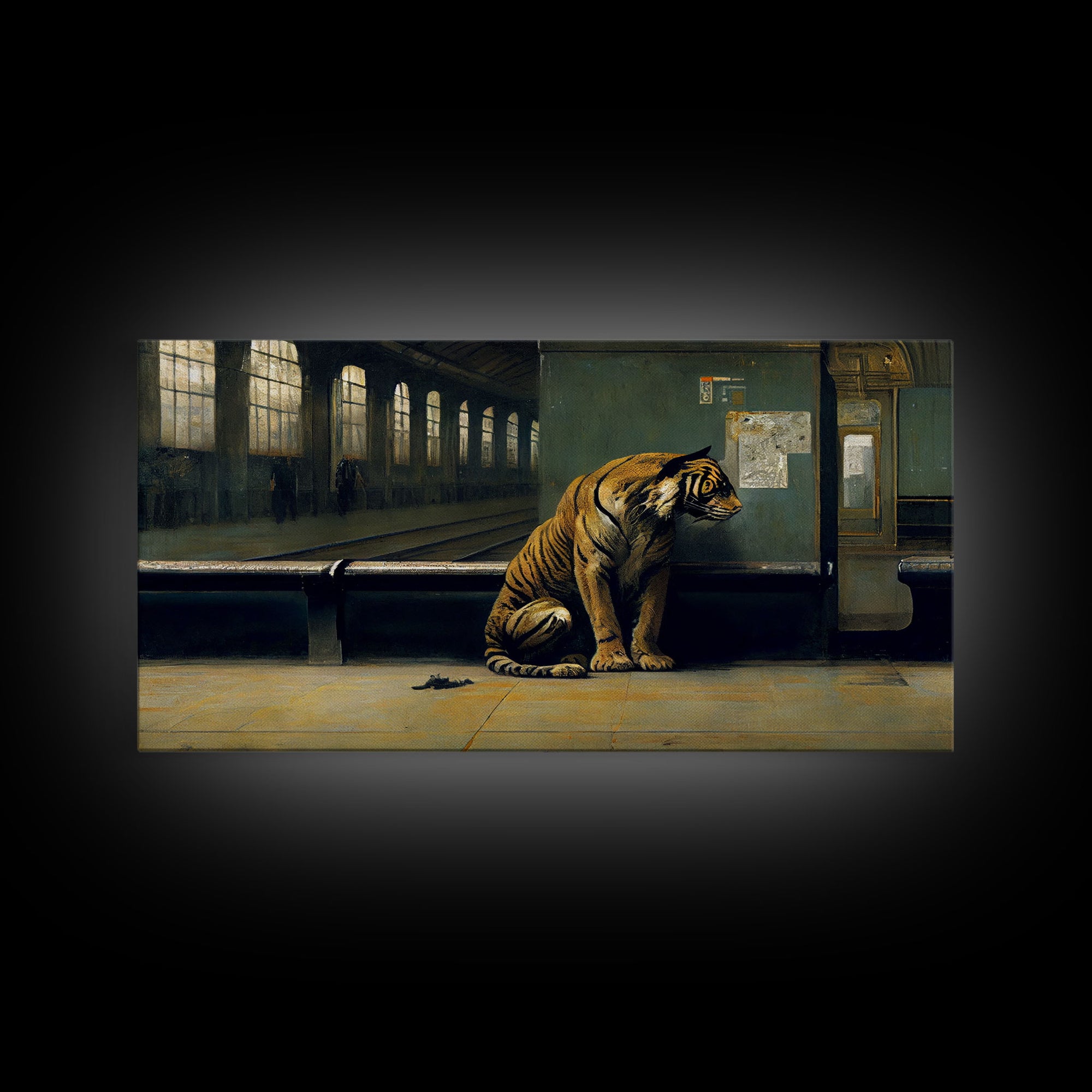 Tiger in a Subway train station, Post-apocalyptic urban decay art, framed canvas print