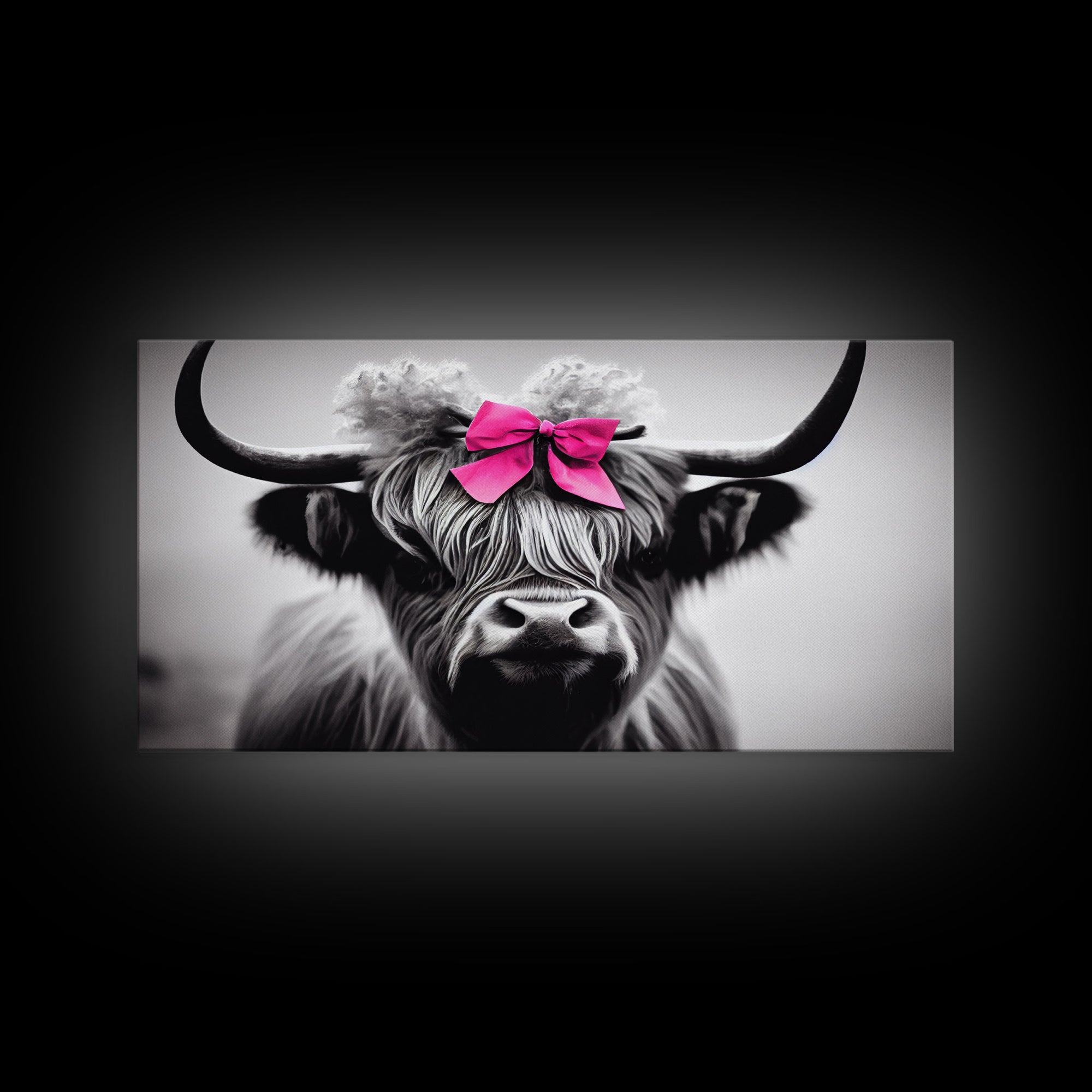 Cute Highland Cow wearing a Bow, Pink Bow on a Cute Cow, framed canvas print, black and white farmhouse cow art