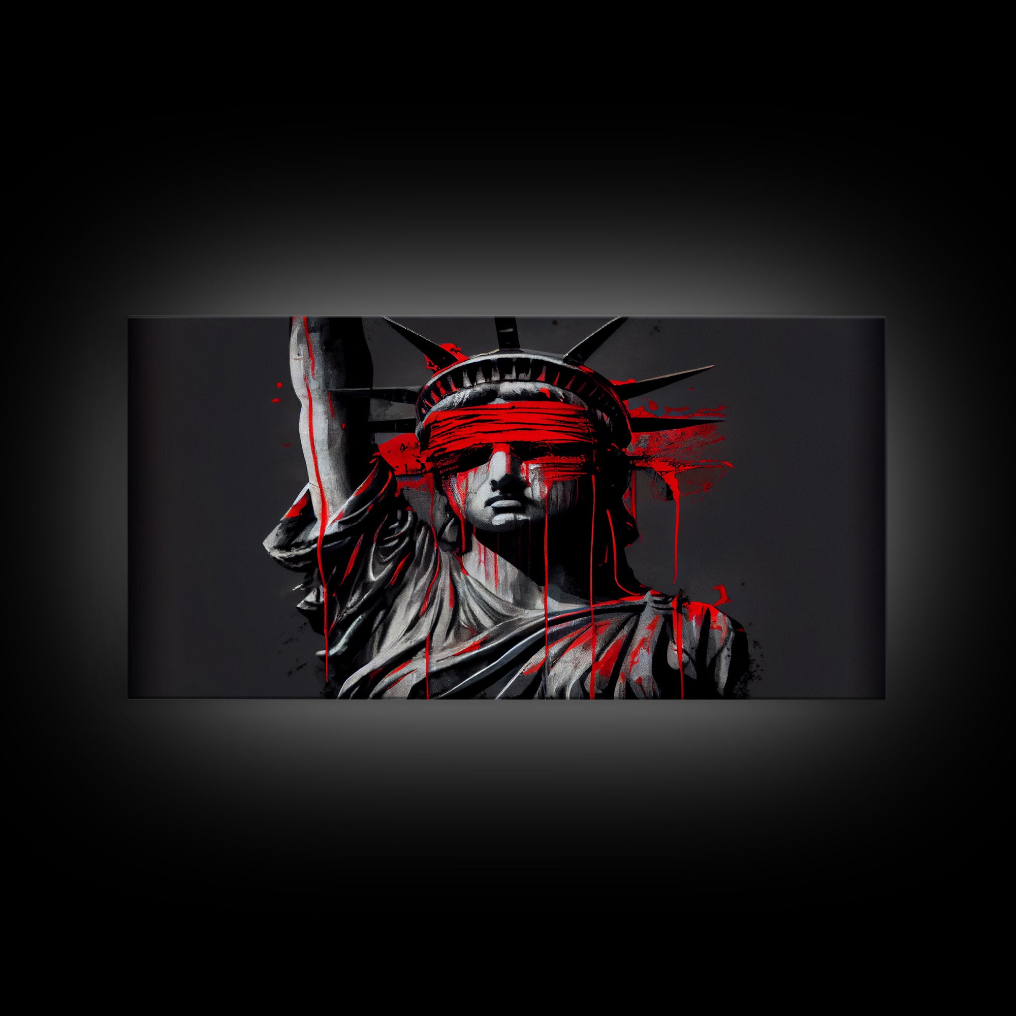 Statue of liberty wearing a bloody blindfold, Dystopian graffiti art, NYC, framed canvas print, pop art Statue of Liberty