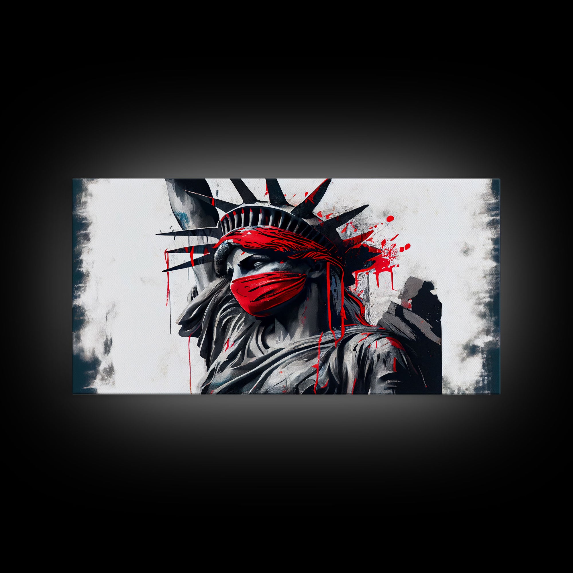 Statue of liberty wearing a bloody Covid mask, Dystopian graffiti art, NYC, framed canvas print, pop art Statue of Liberty