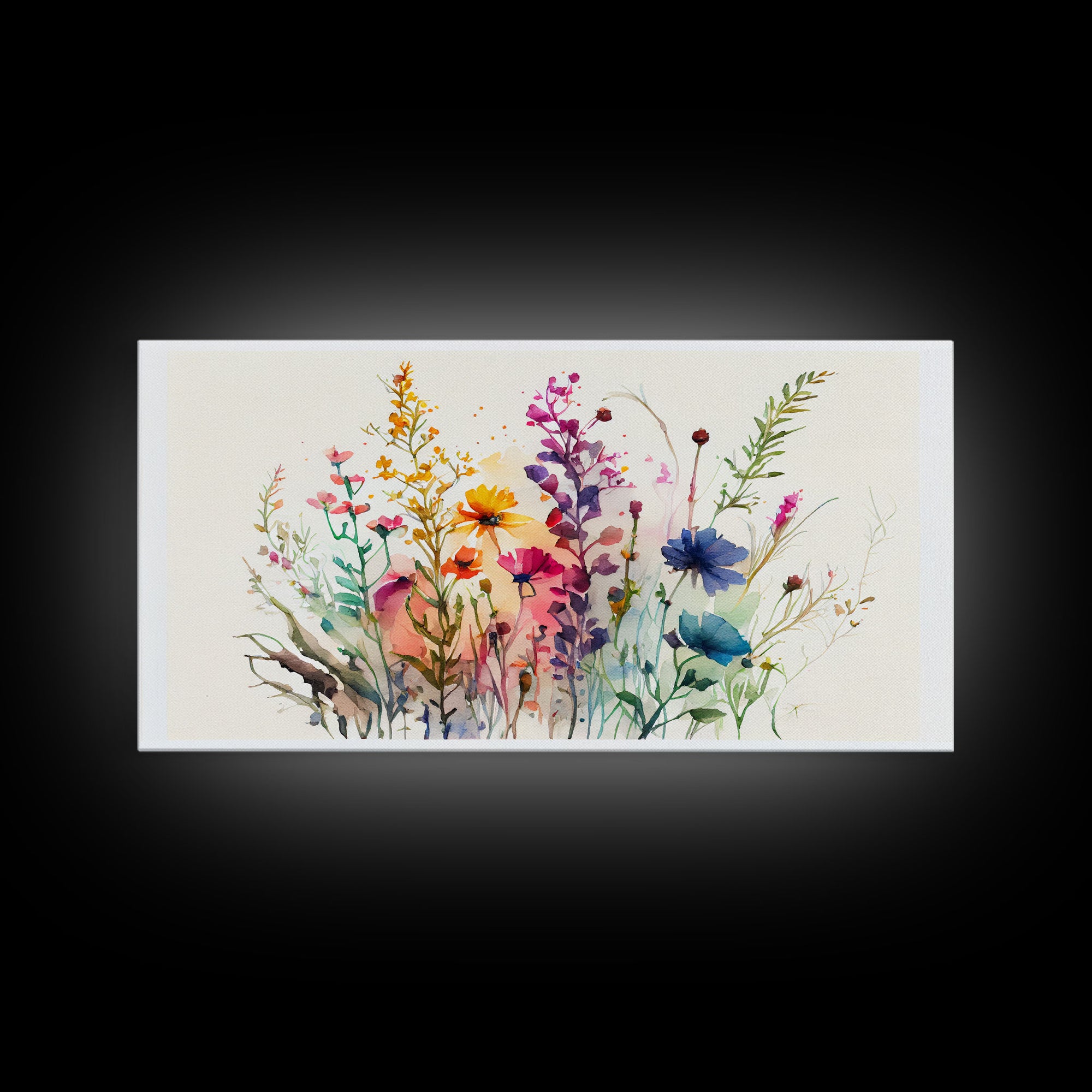 Panoramic Wildflower Canvas Print, Watercolor Flowers, Farmhouse Decor, Meadow Grass, Bedroom Wall Decor, Pastel Colors, Botanical Greenery