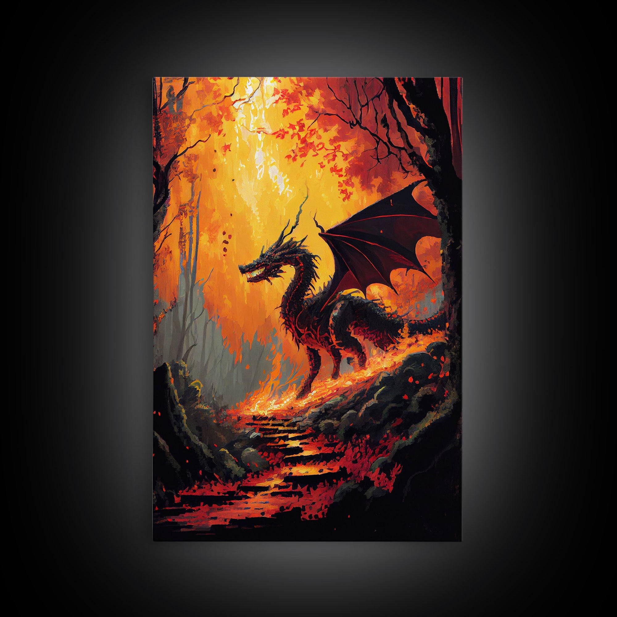 Dragon standing in a burned forest, fantasy art, fine art poster print