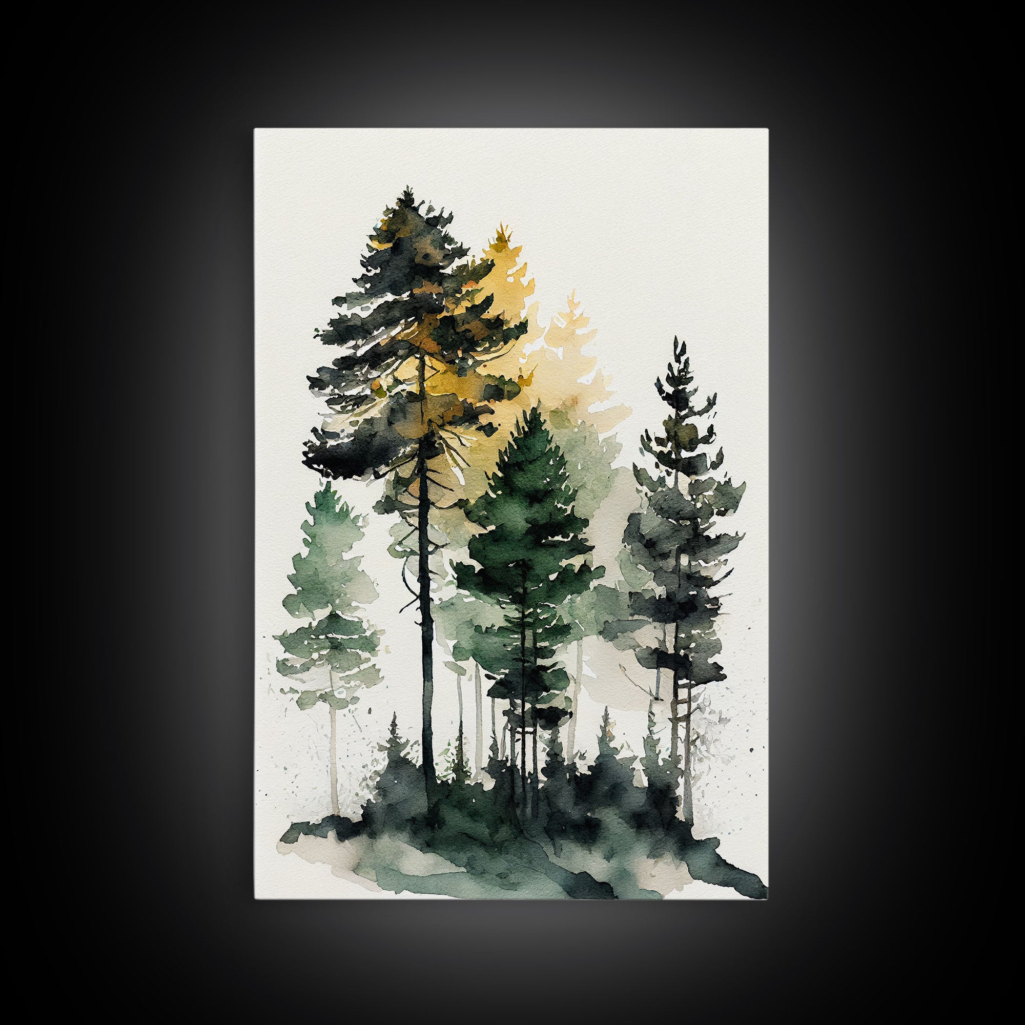 Watercolor pine tree forest, framed canvas print, cool wall art