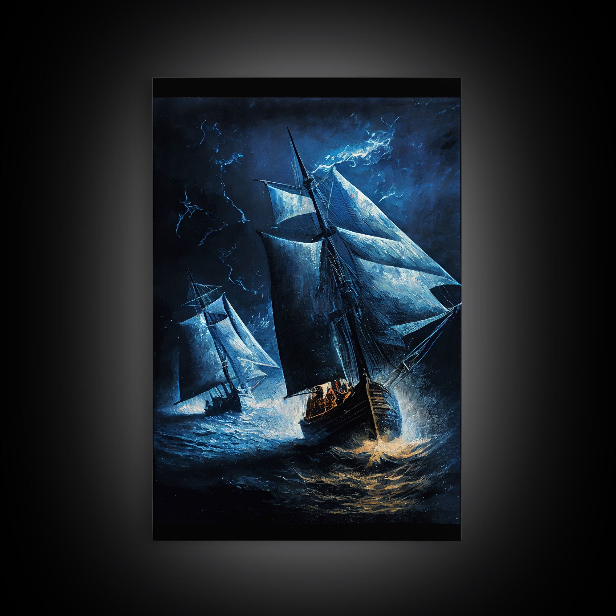 Saiilboats caught in a thunder storm, nautical art, framed canvas print, framed wall art