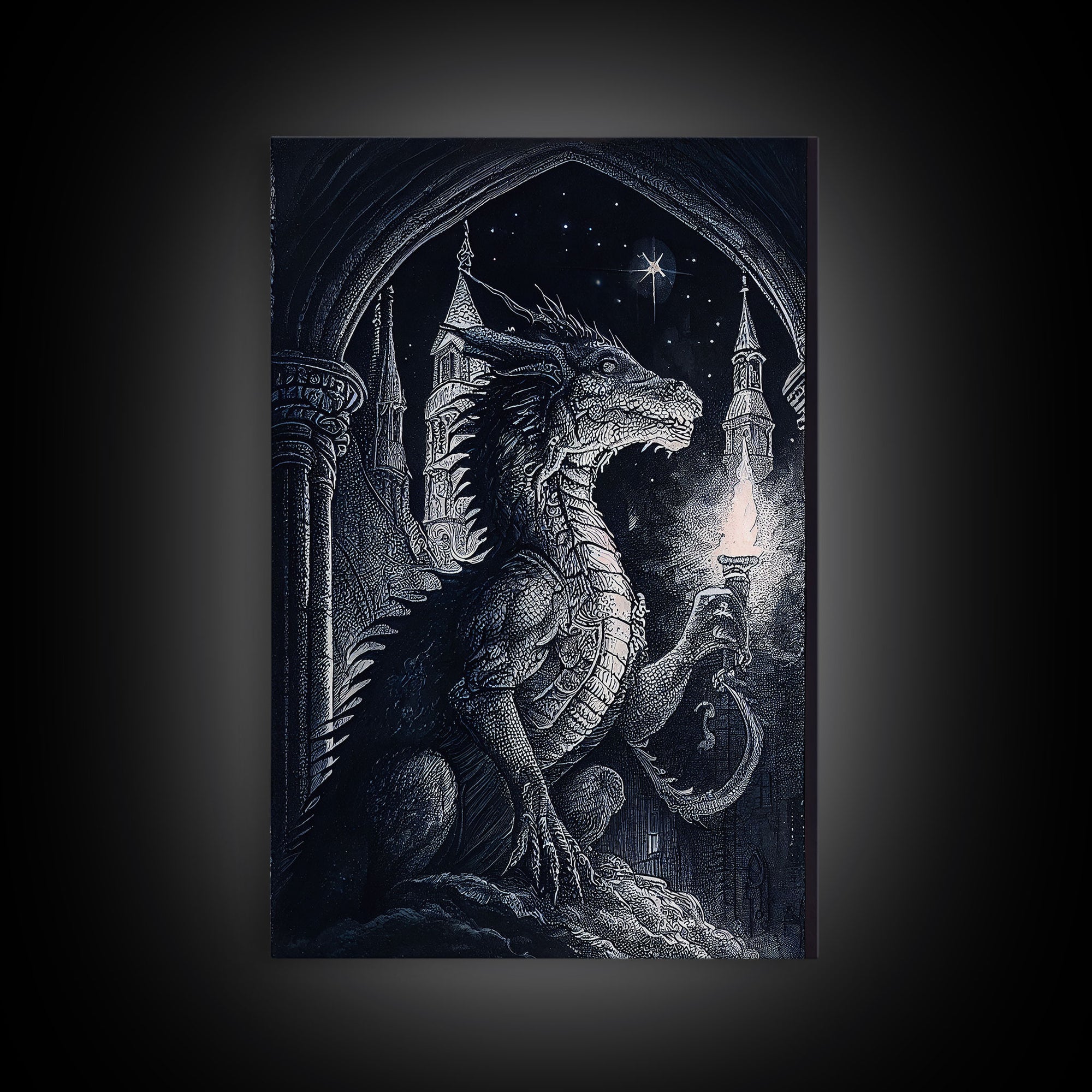 Dragon holding a torch, poster art, black and white dragon