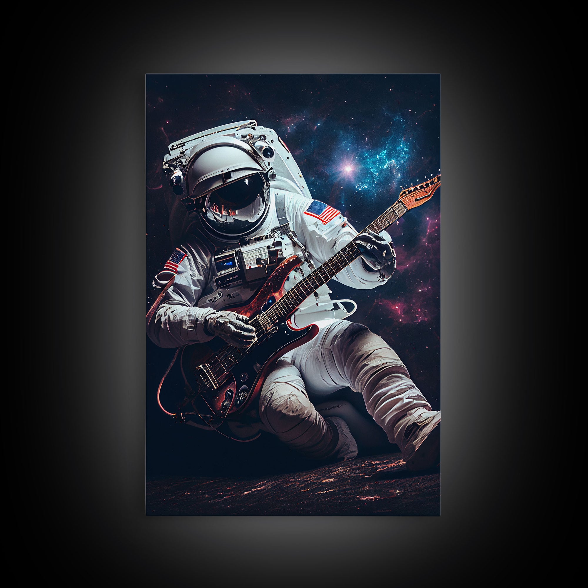 Jammin' in space, astronaut playing the guitar, framed canvas print