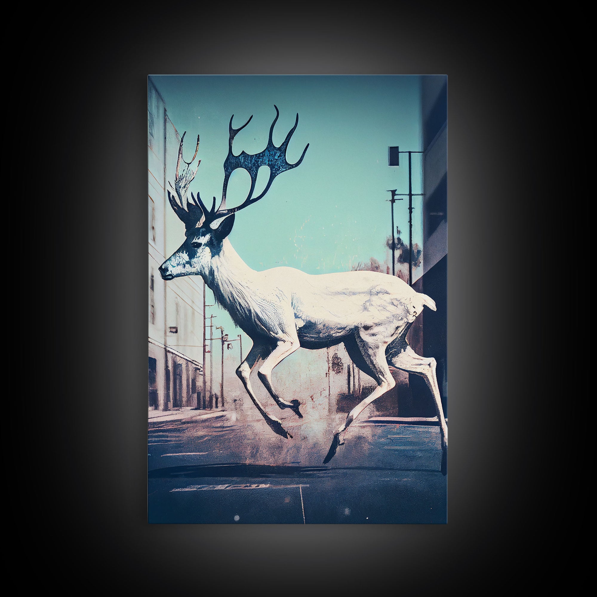 White stag in the city, post-apocalyptic urban decay art, framed canvas print