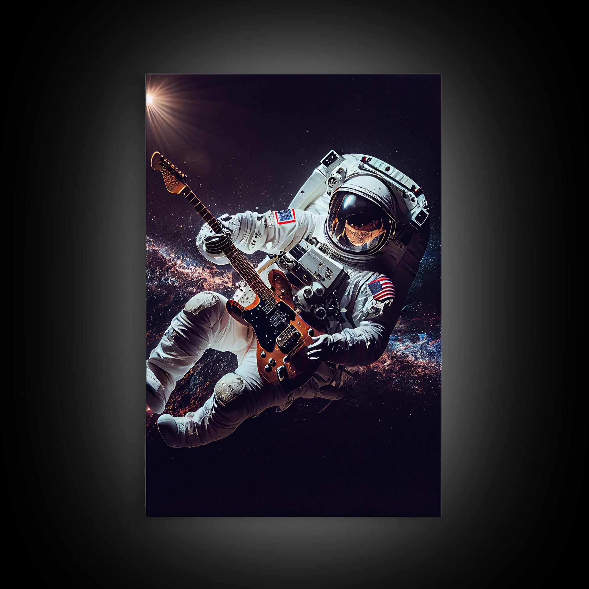 Space man jam, astronaut playing guitar in space, framed canvas print wall art