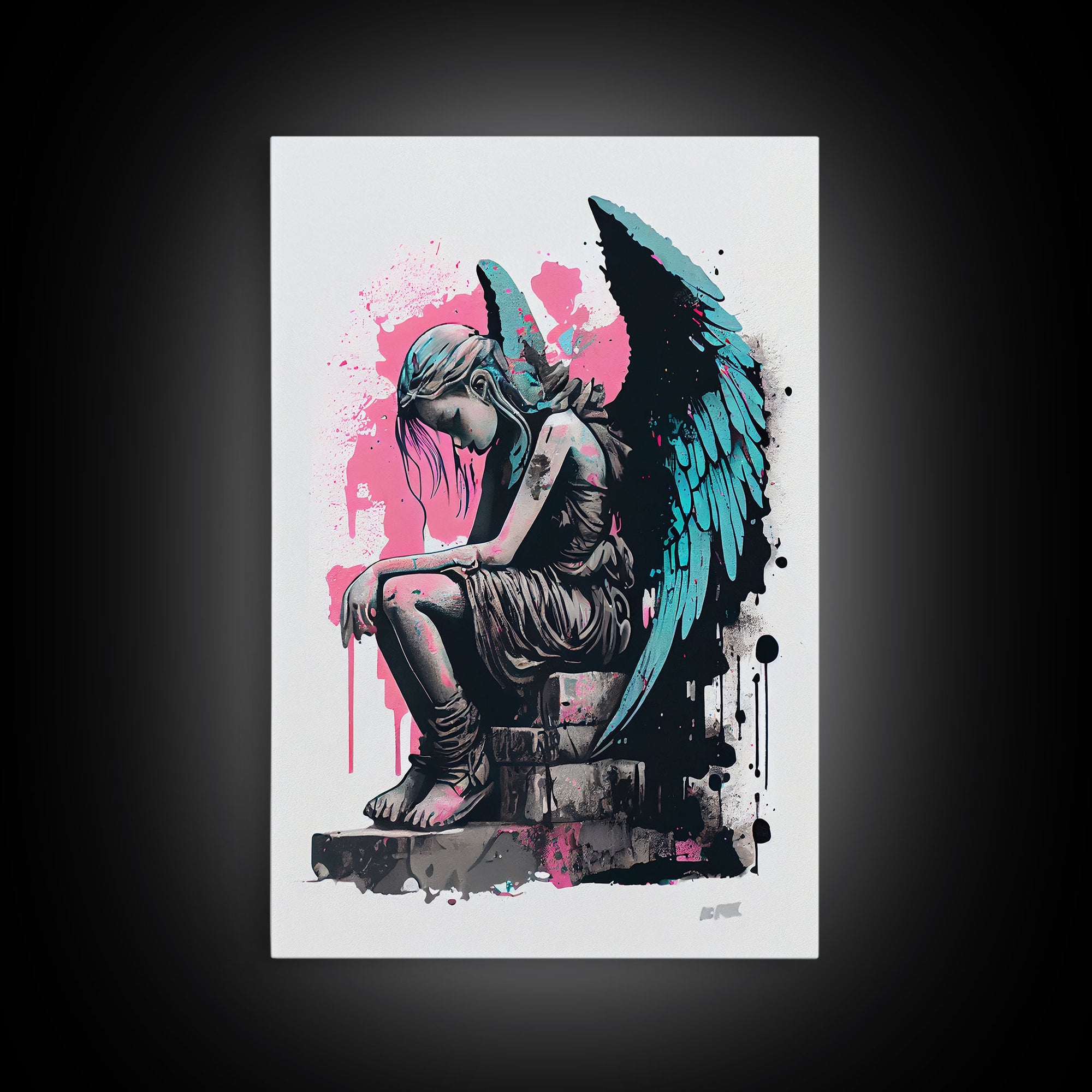 Sad angel graffiti art, street inspired art, framed canvas print, framed wall art