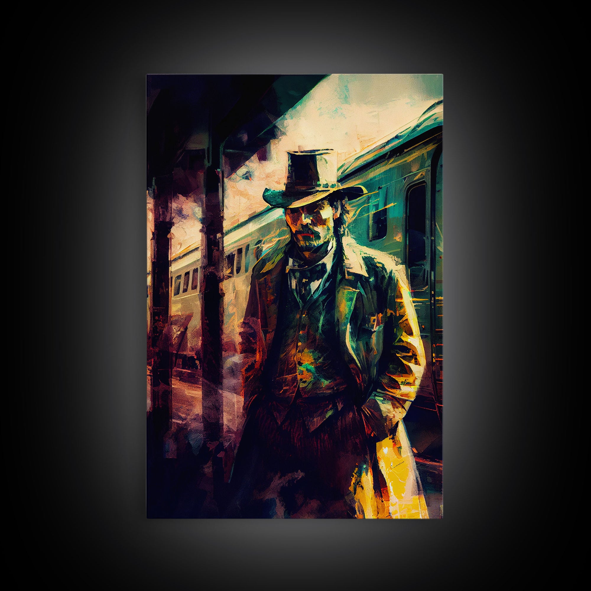 Cowboy waiting for the train, framed wall art, framed canvas print