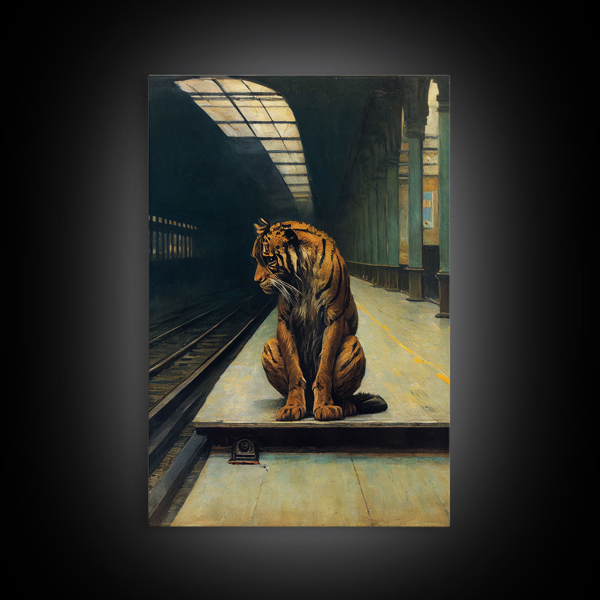 Tiger in a subway, urban decay, nature, framed canvas print, framed wall art