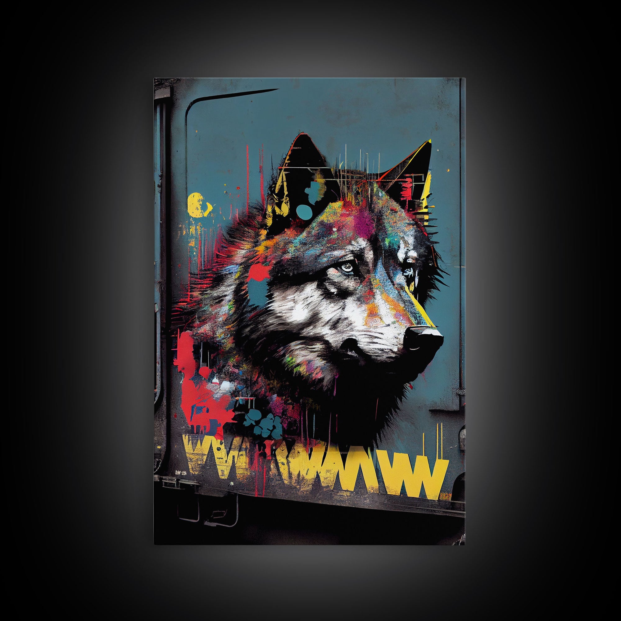 Wolf graffiti on a subway train car, framed canvas print, framed wall art