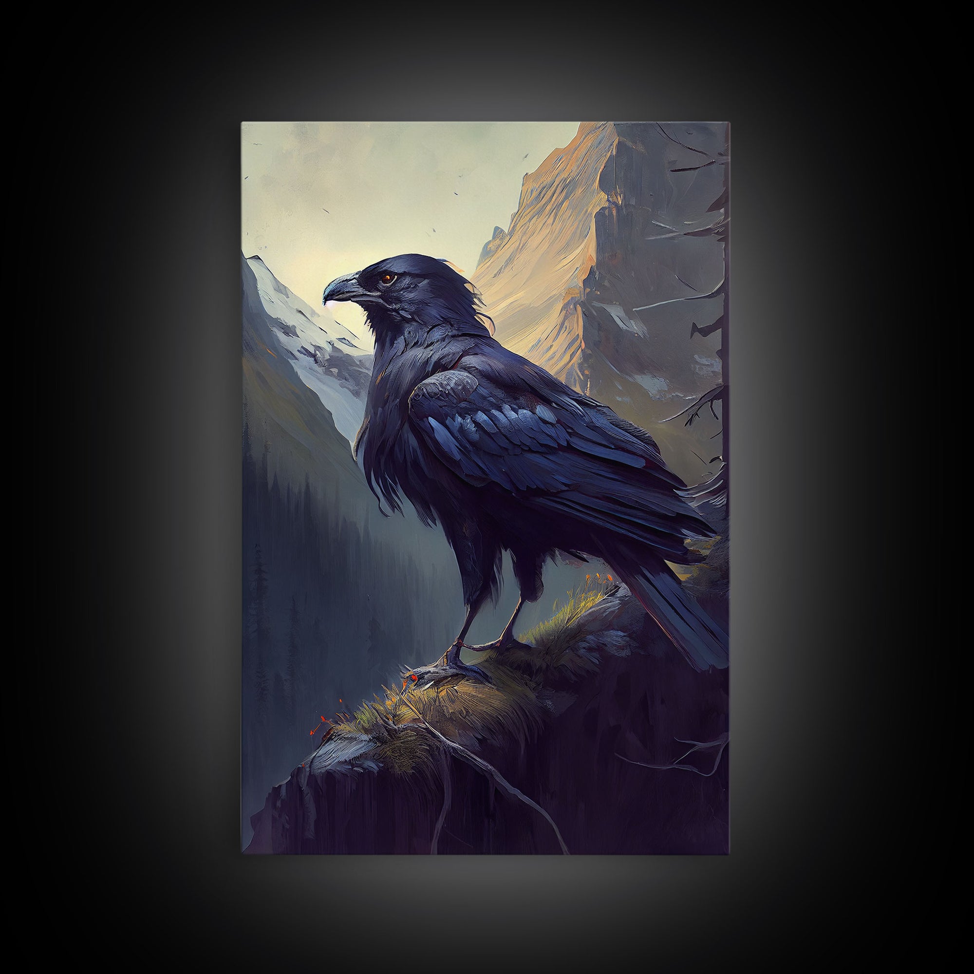 The raven, cool mountain crow art, raven in a forest portrait, fine art poster print