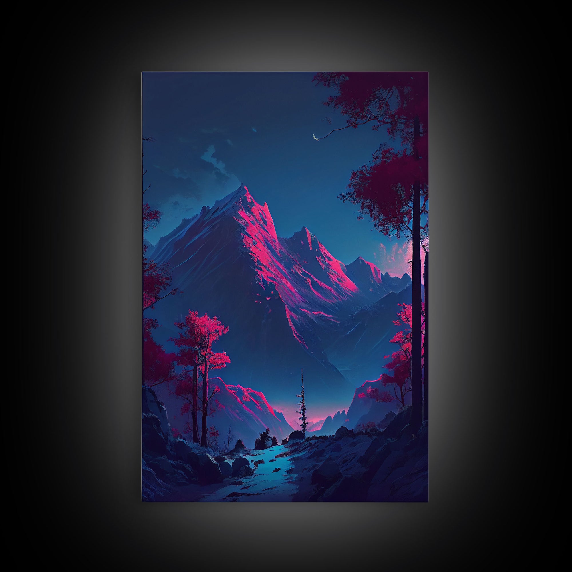 Vaporwave mountain landscape, pink and purple mountain art, framed canvas print