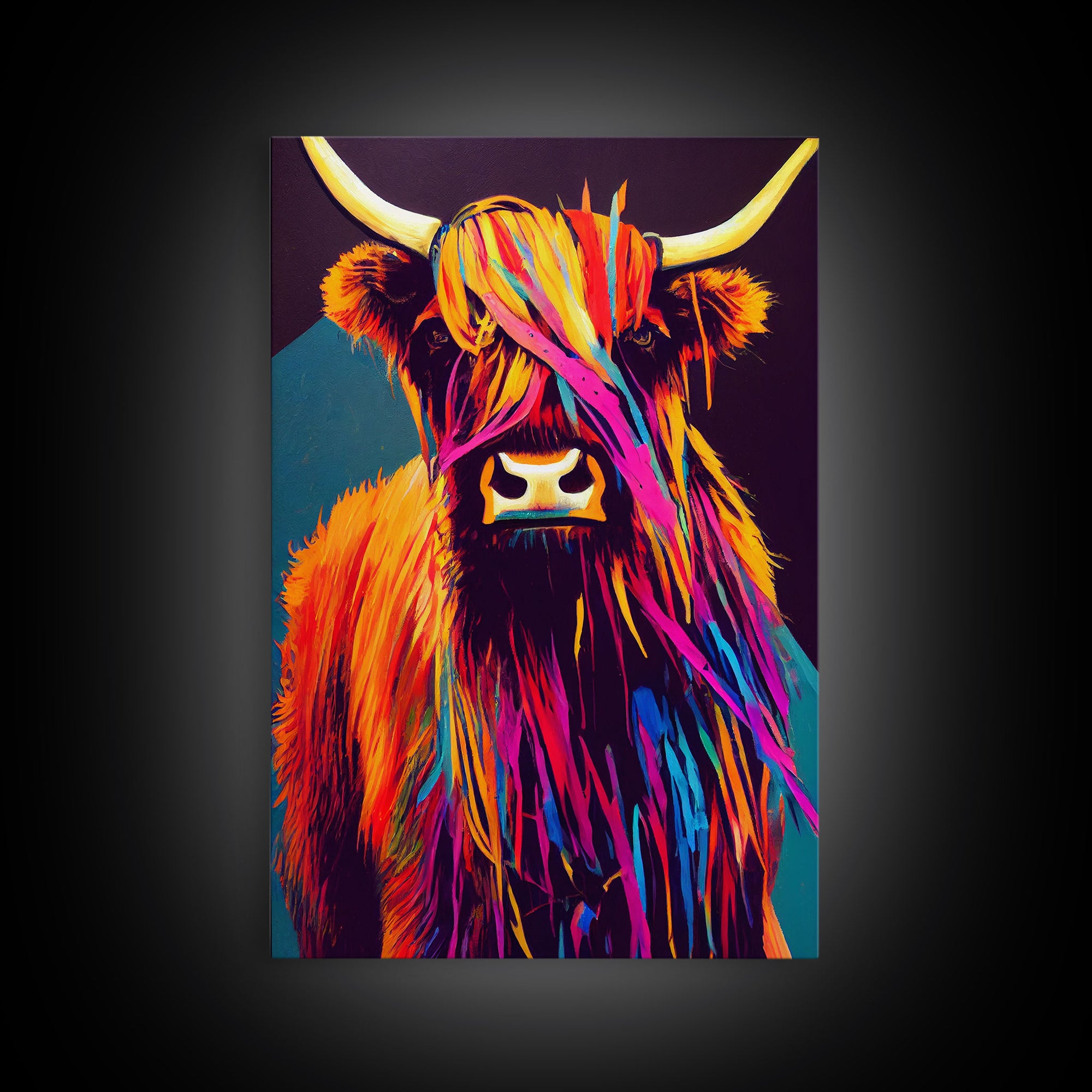 Colorful farmhouse art, Highland cow, Scotland cattle, framed canvas print