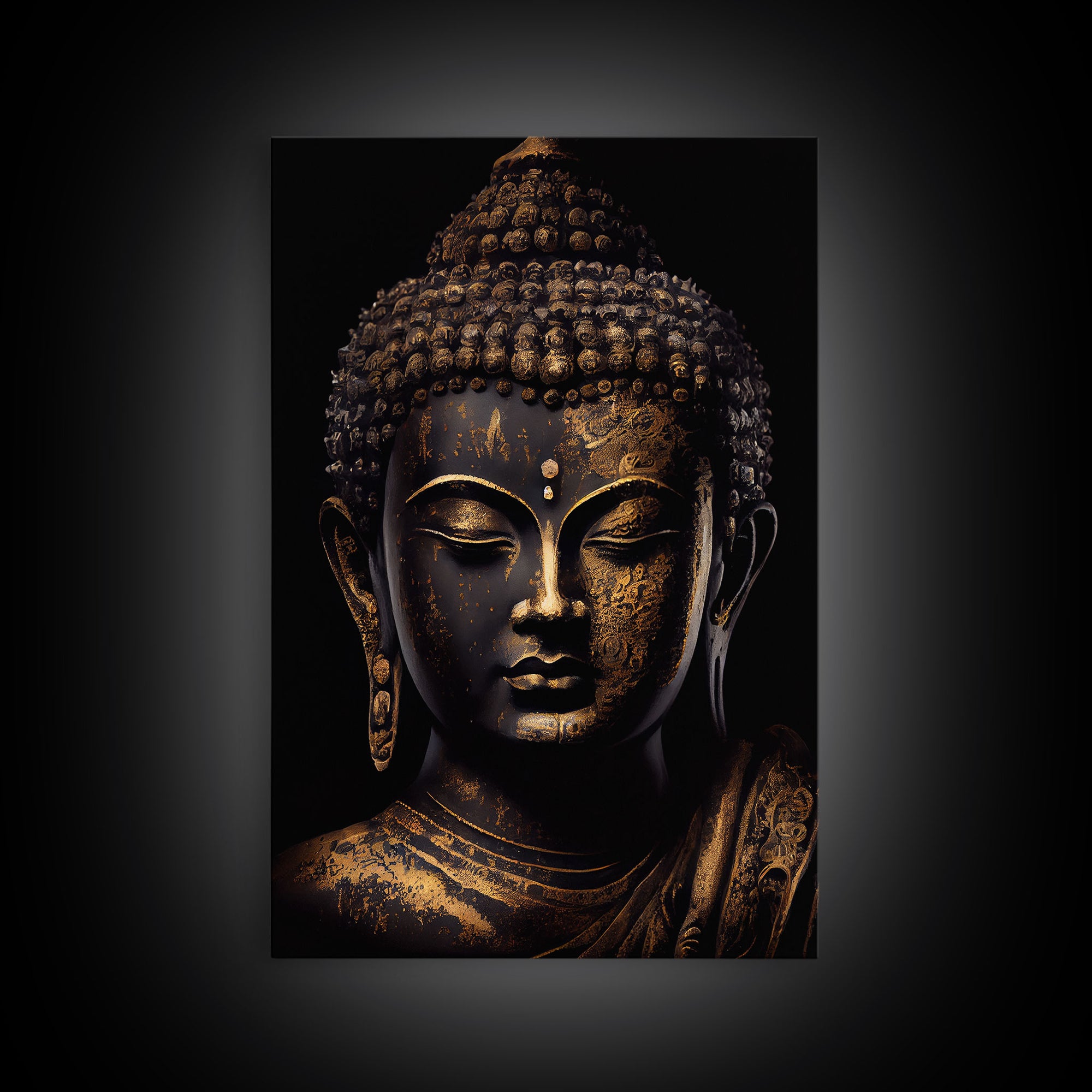 Gold and black Buddha, framed canvas print, zen center yoga art